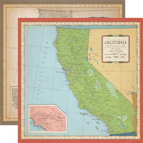 Cartography 1 & 2 Collection California Map 12 x 12 Double-Sided Scrapbook Paper by Carta Bella