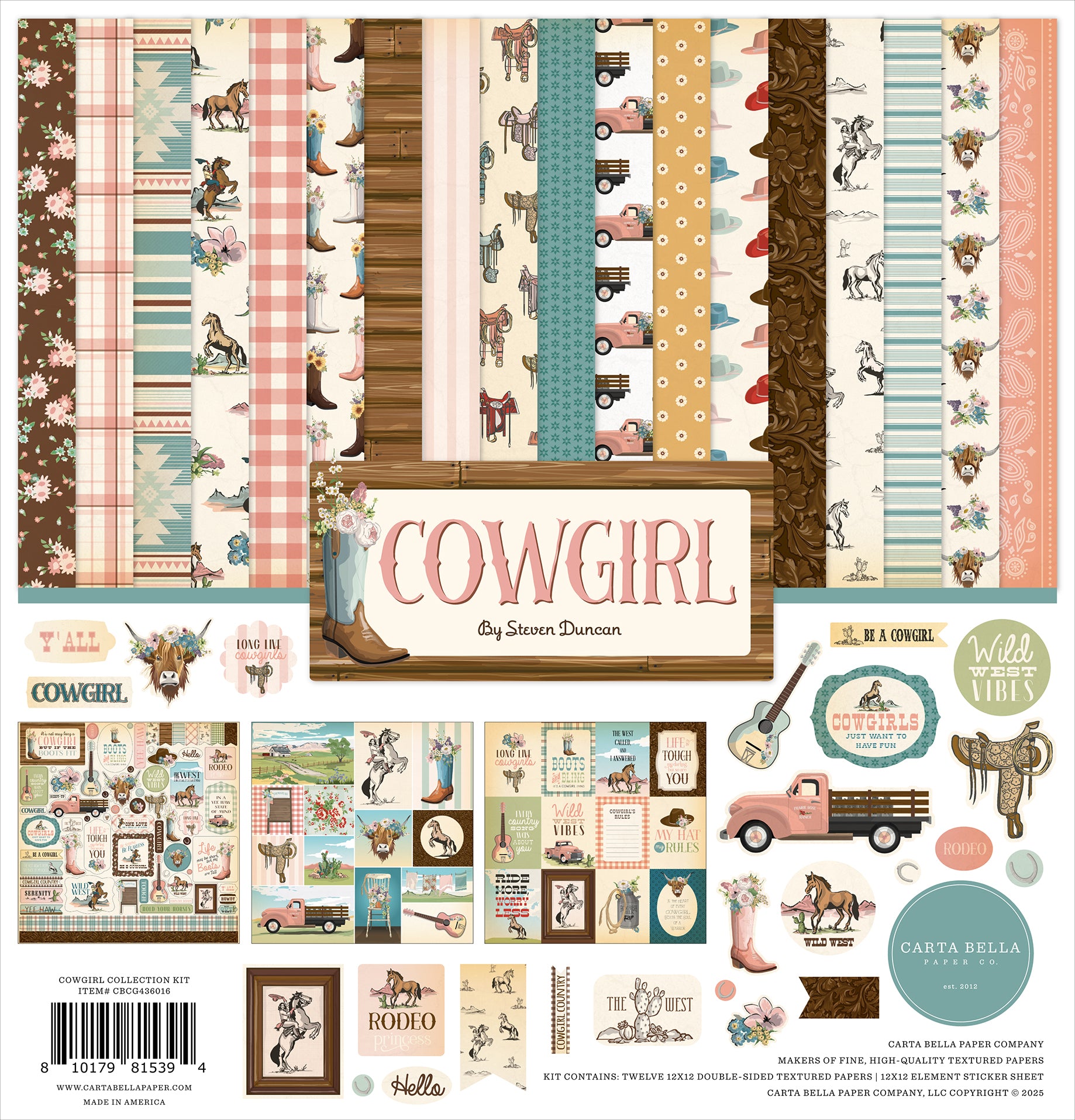 Cowgirl Collection 12 x 12 Scrapbook Collection Kit by Carta Bella - 13 Pieces