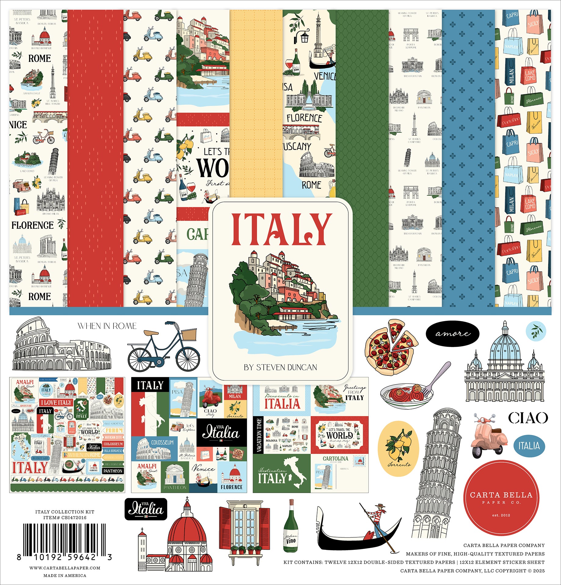 Italy Scrapbook Paper & Sticker  Collection Kit by Carta Bella - 13 Pieces