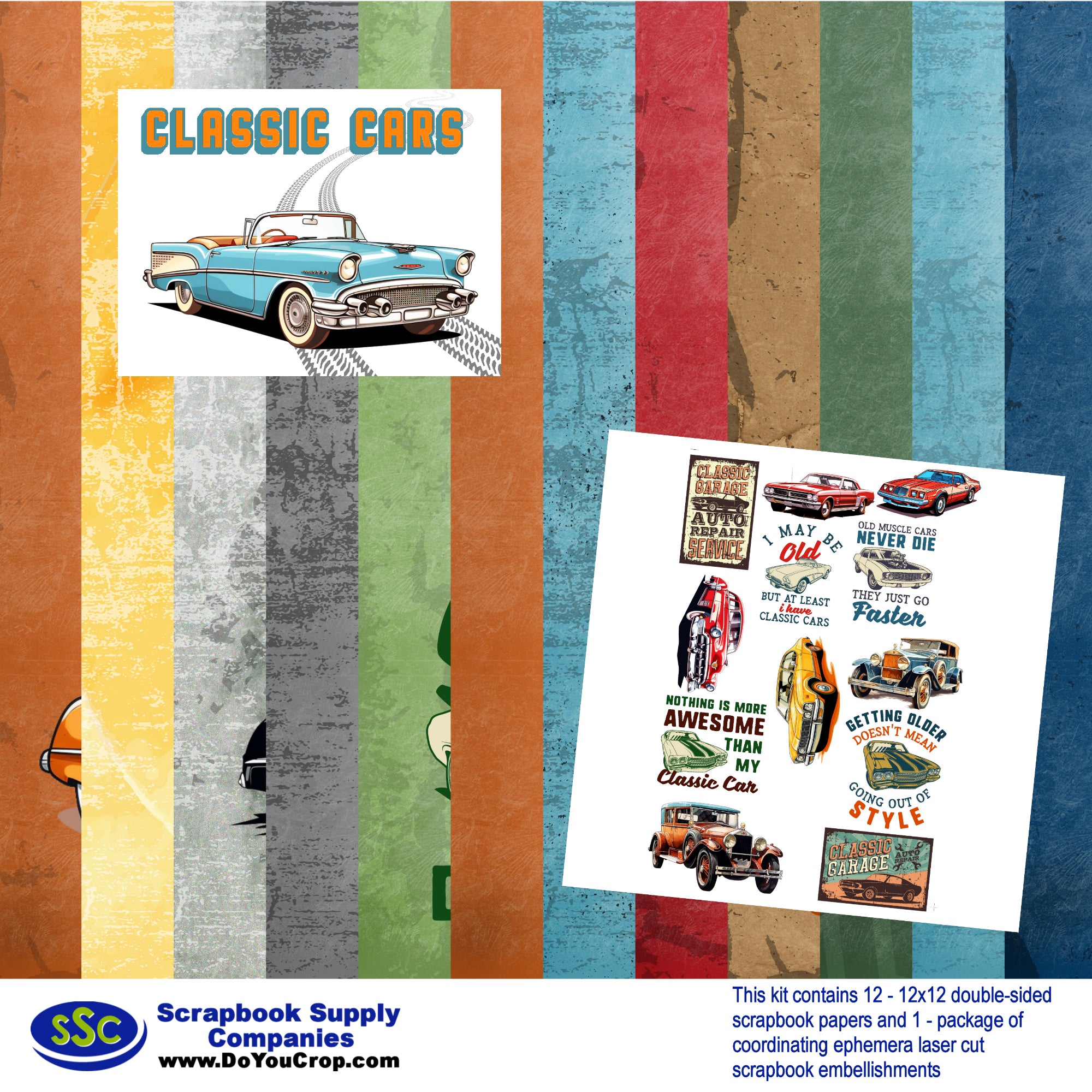 Classic Cars 12 x 12 Scrapbook Paper & Embellishment Kit by SSC Designs