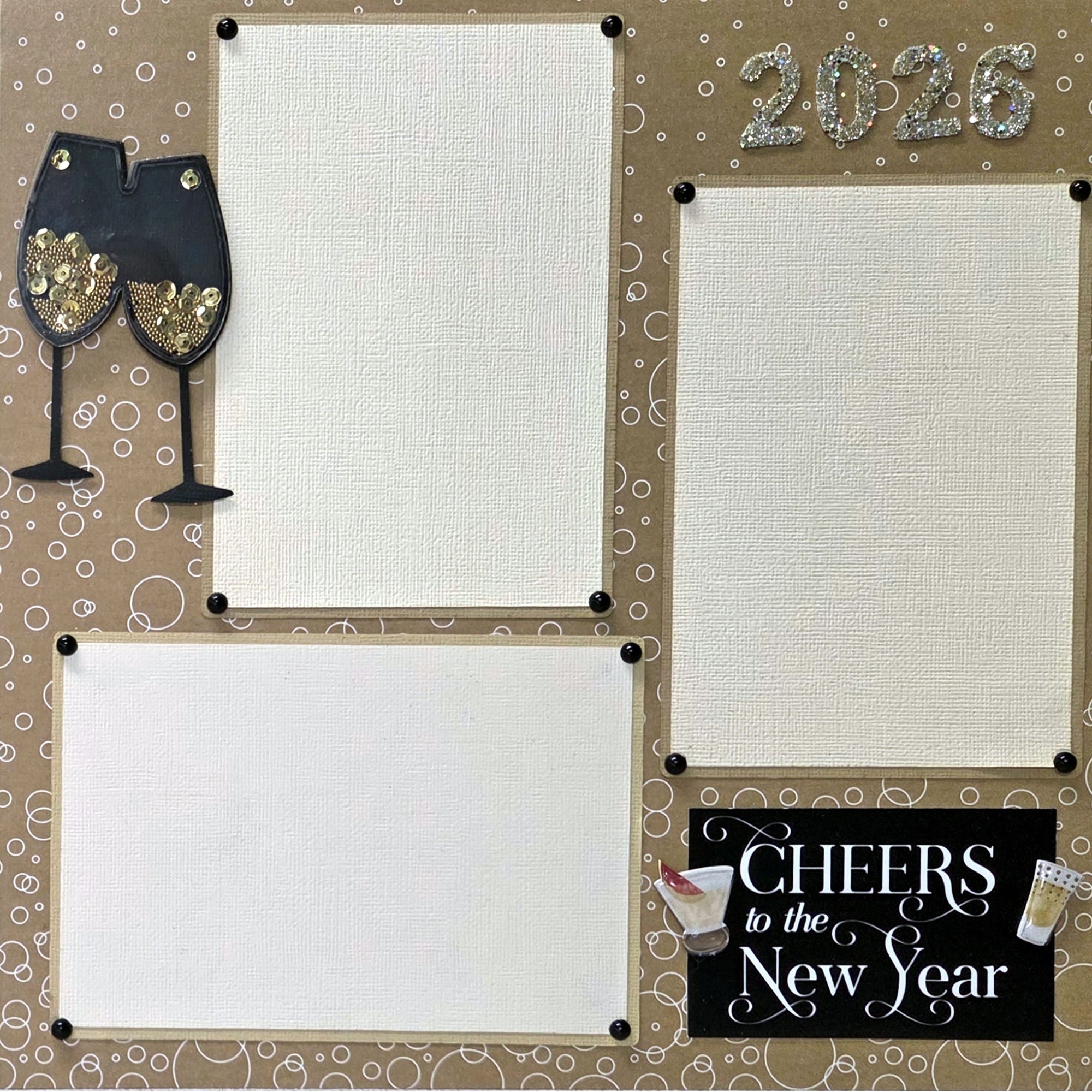 New Year's Eve themed scrapbook page with 'Cheers to the New Year' text and decorative elements.