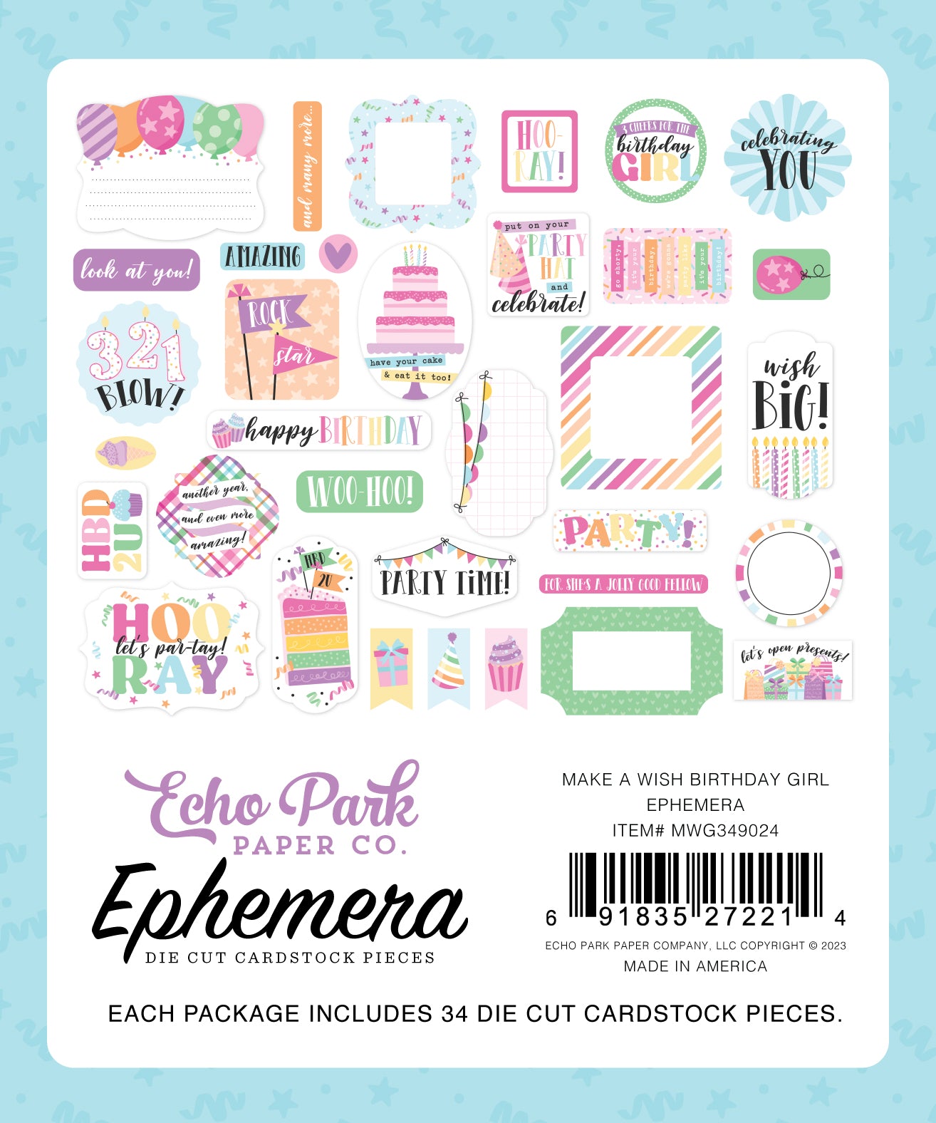 Make a Wish Birthday Girl Collection 4x8 Scrapbook Ephemera by Echo Park Paper