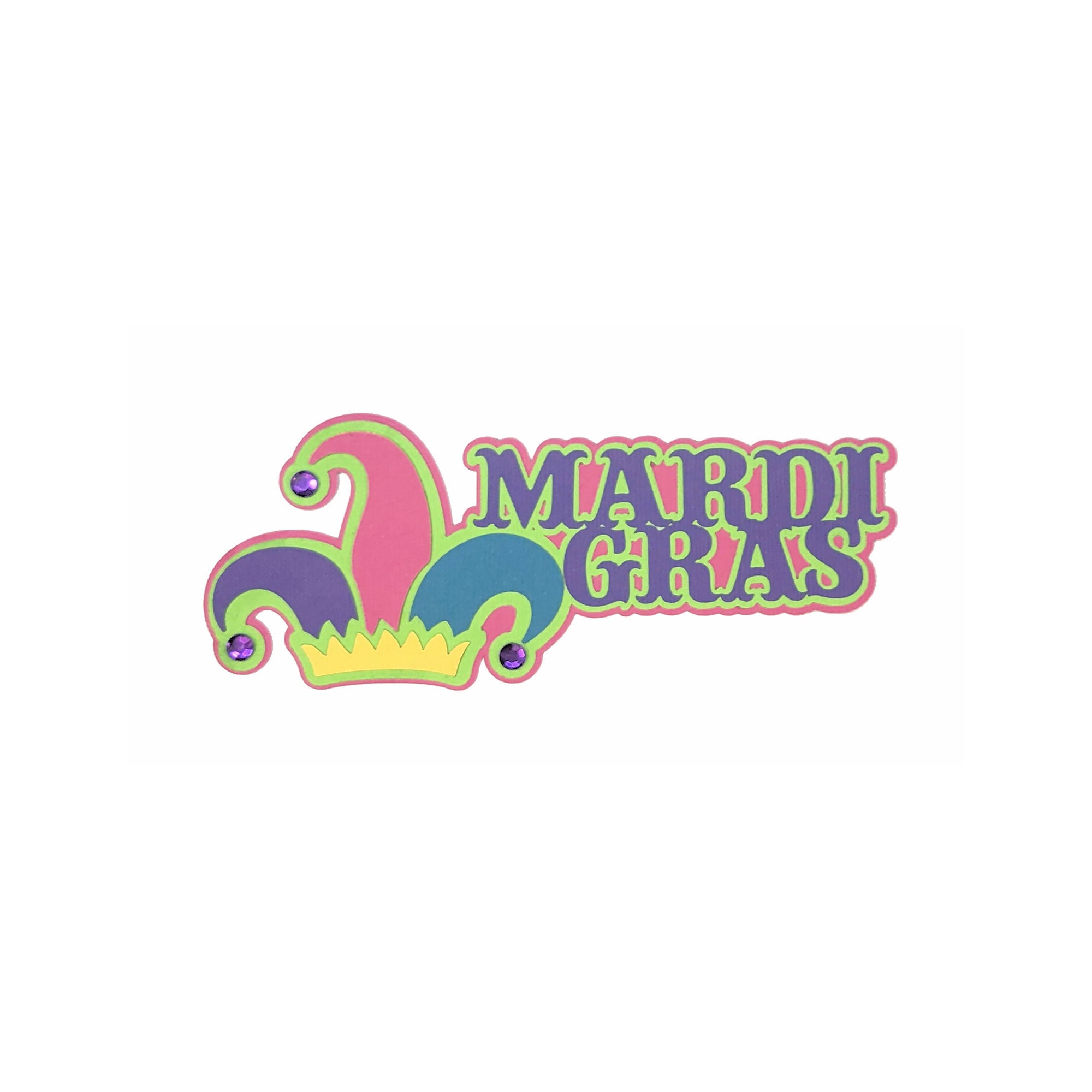 Mardi Gras Title 6 x 2 & Jester Hat Fully-Assembled Laser Cut Scrapbook Embellishment by SSC Laser Designs