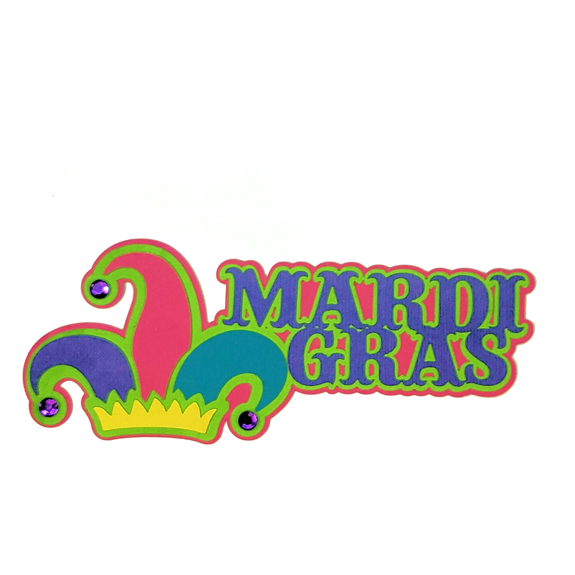 Mardi Gras Title 6 x 2 & Jester Hat Fully-Assembled Laser Cut Scrapbook Embellishment by SSC Laser Designs