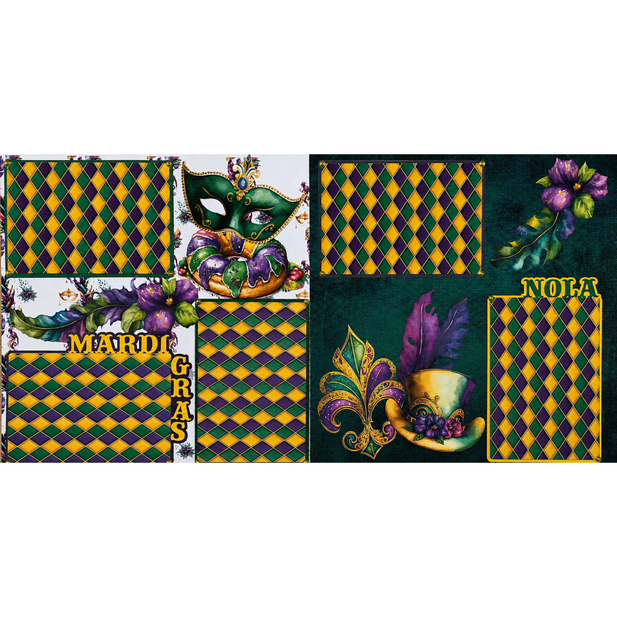 Mardi Gras (2) - 12 x 12 Pages, Fully-Assembled & Hand-Crafted 3D Scrapbook Premade by SSC Designs