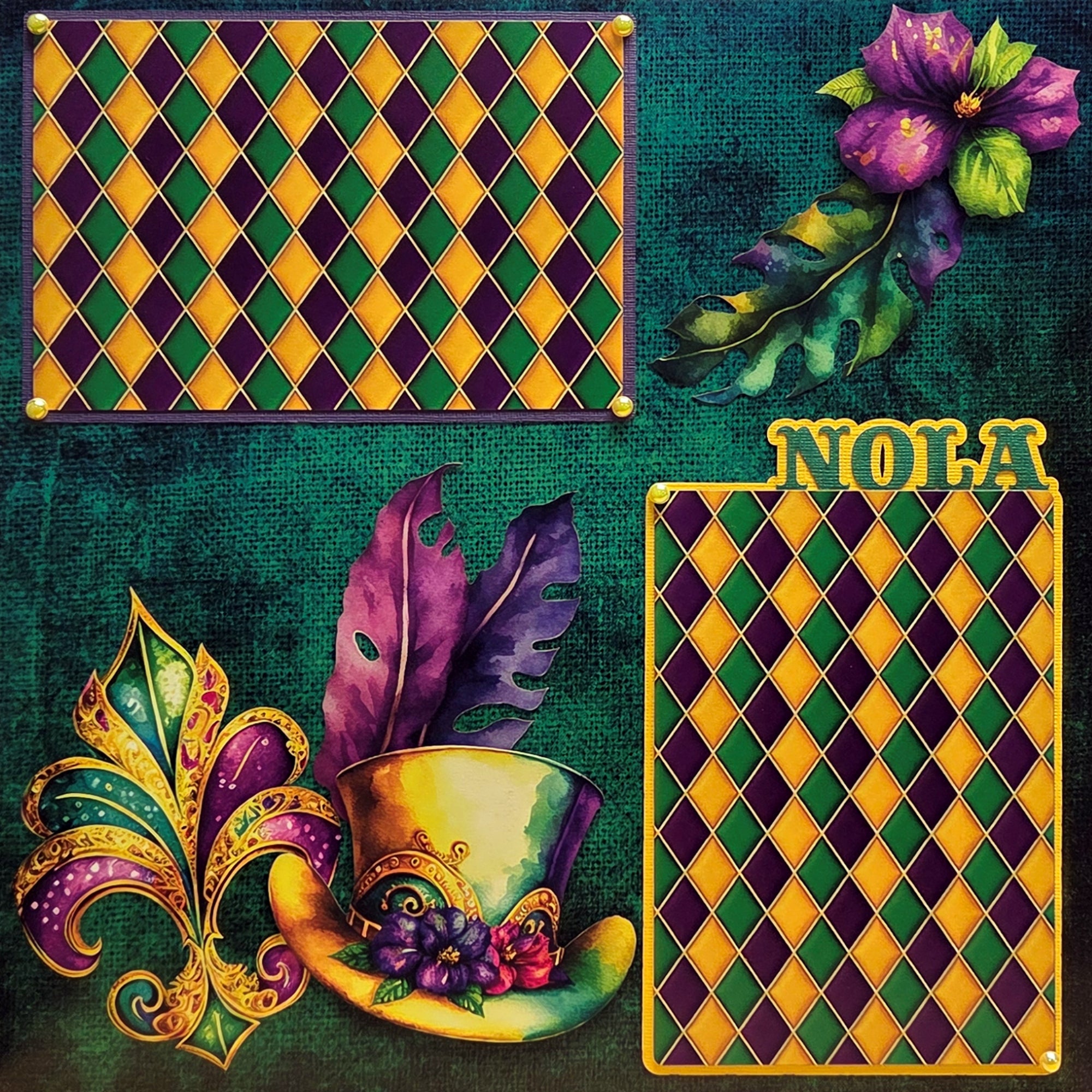 Mardi Gras (2) - 12 x 12 Pages, Fully-Assembled & Hand-Crafted 3D Scrapbook Premade by SSC Designs
