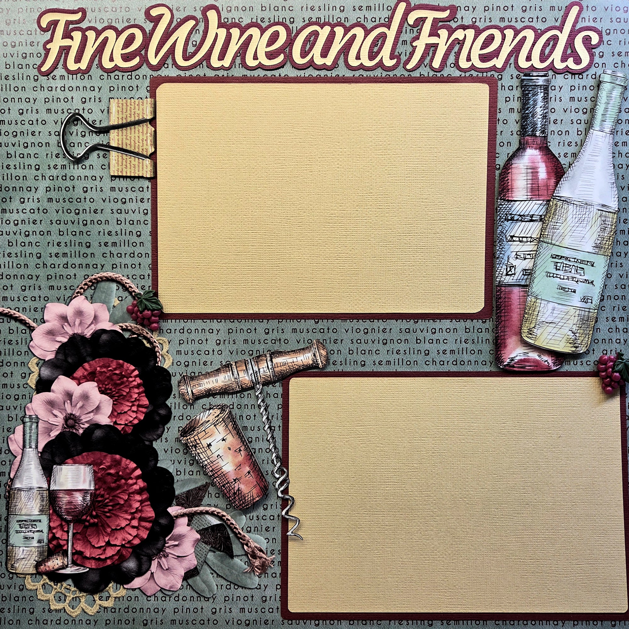 Fine Wine & Friends (2) - 12 x 12 Pages, Fully-Assembled & Hand-Crafted 3D Scrapbook Premade by SSC Designs
