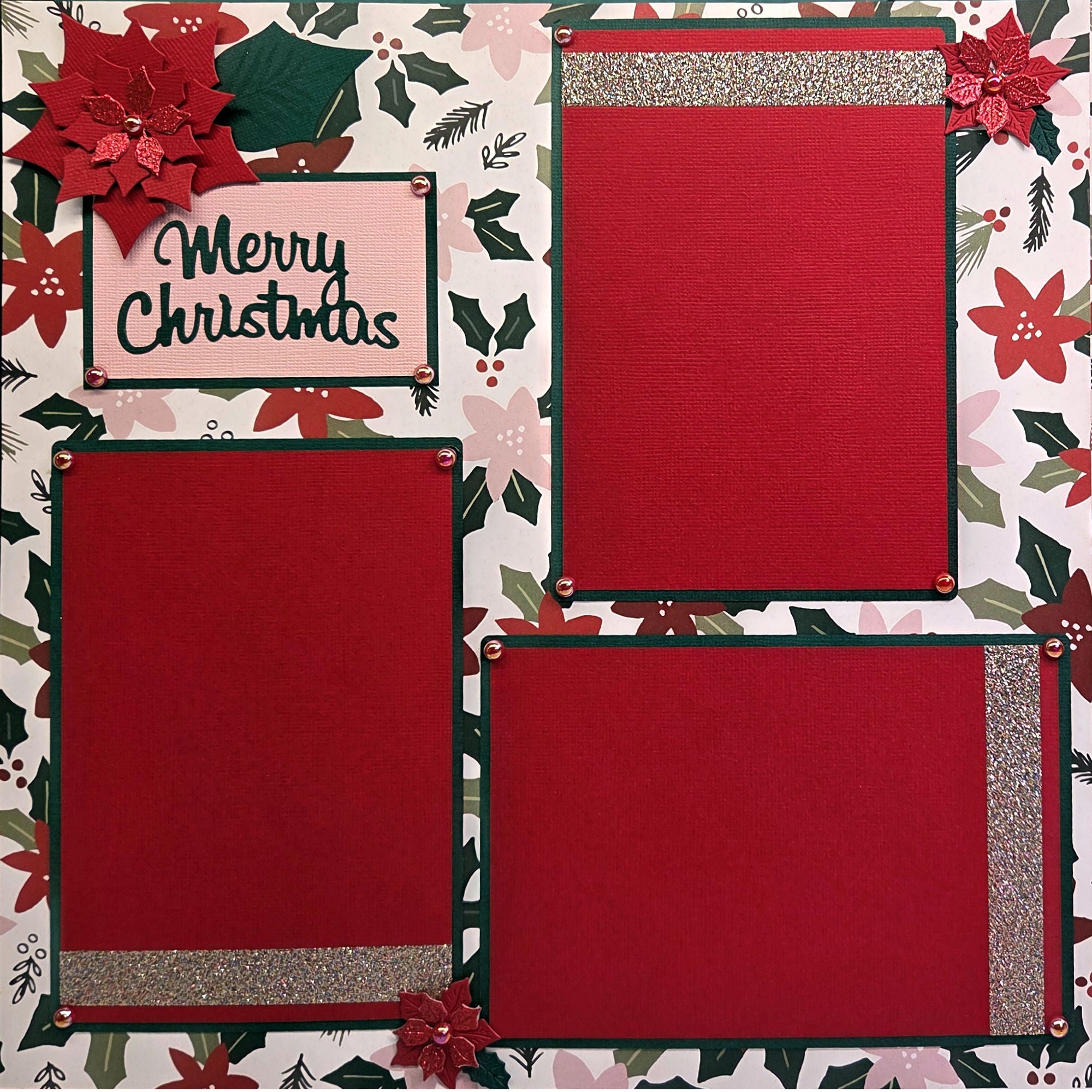 Merry Christmas Poinsettias 2 - 12 x 12 Pages, Fully-Assembled & Hand-Crafted 3D Scrapbook Premade by SSC Designs