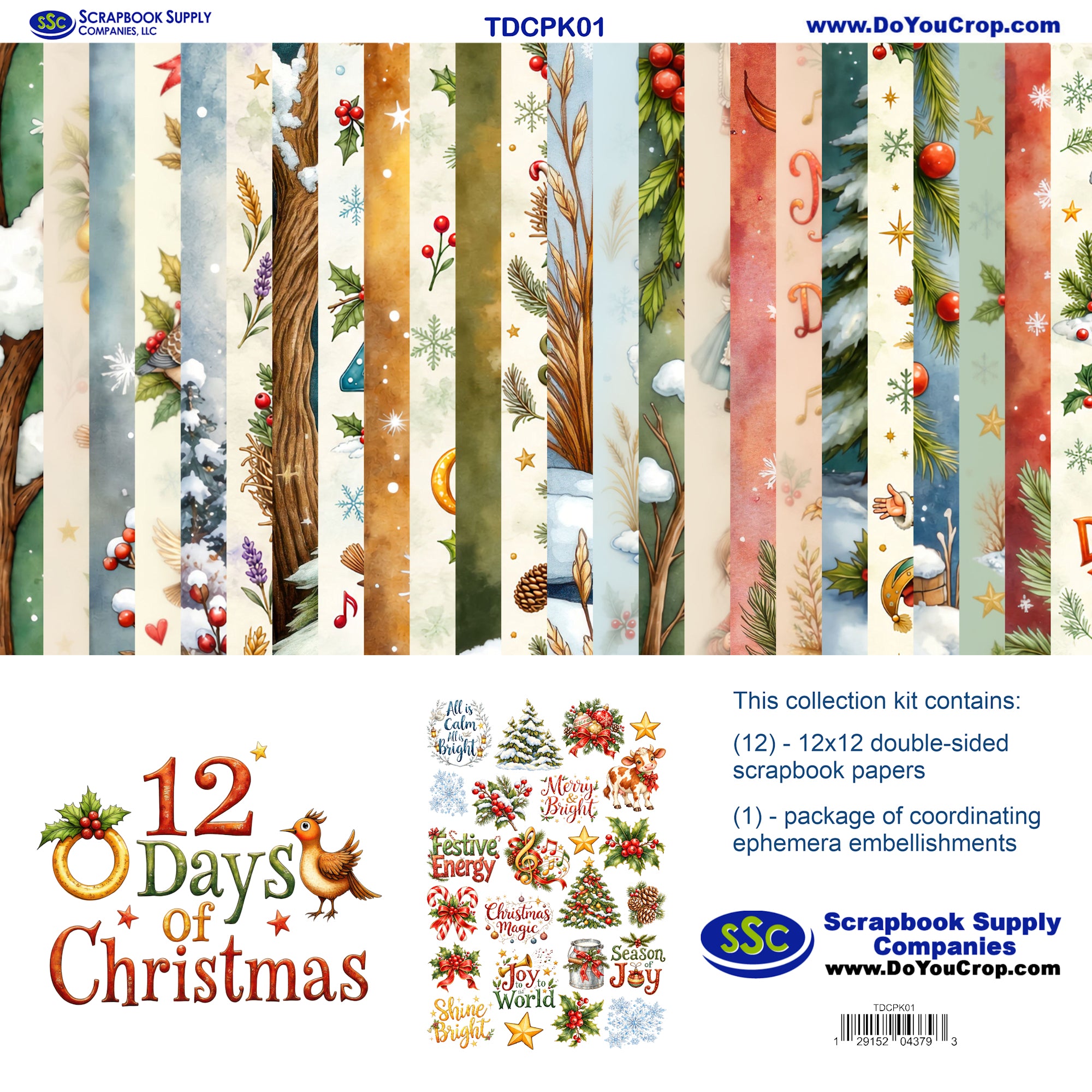 Twelve Days of Christmas 12 x 12 Scrapbook Paper & Embellishment Kit by SSC Designs