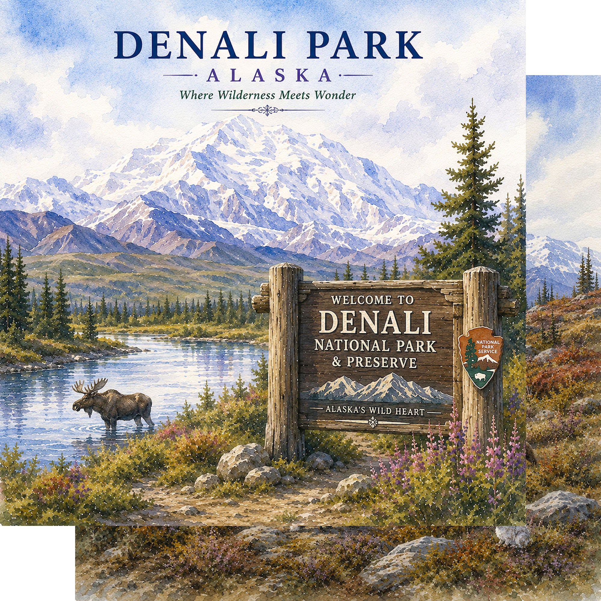 Watercolor Alaska Collection Denali Park 12 x 12 Double-Sided Scrapbook Paper by SSC Designs