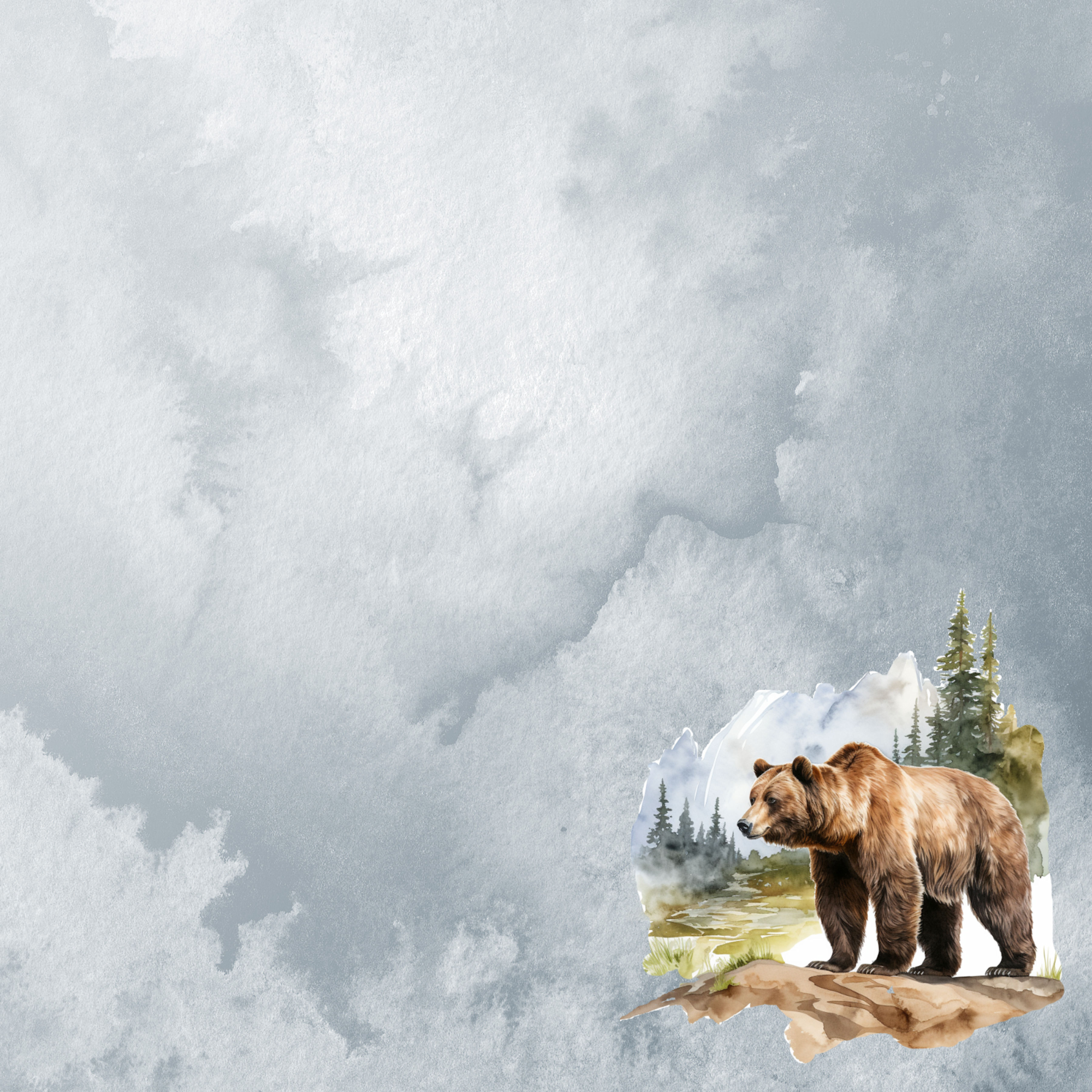 Watercolor Wildlife Collection Brown Bear 2 12 x 12 Double-Sided Scrapbook Paper by SSC Designs