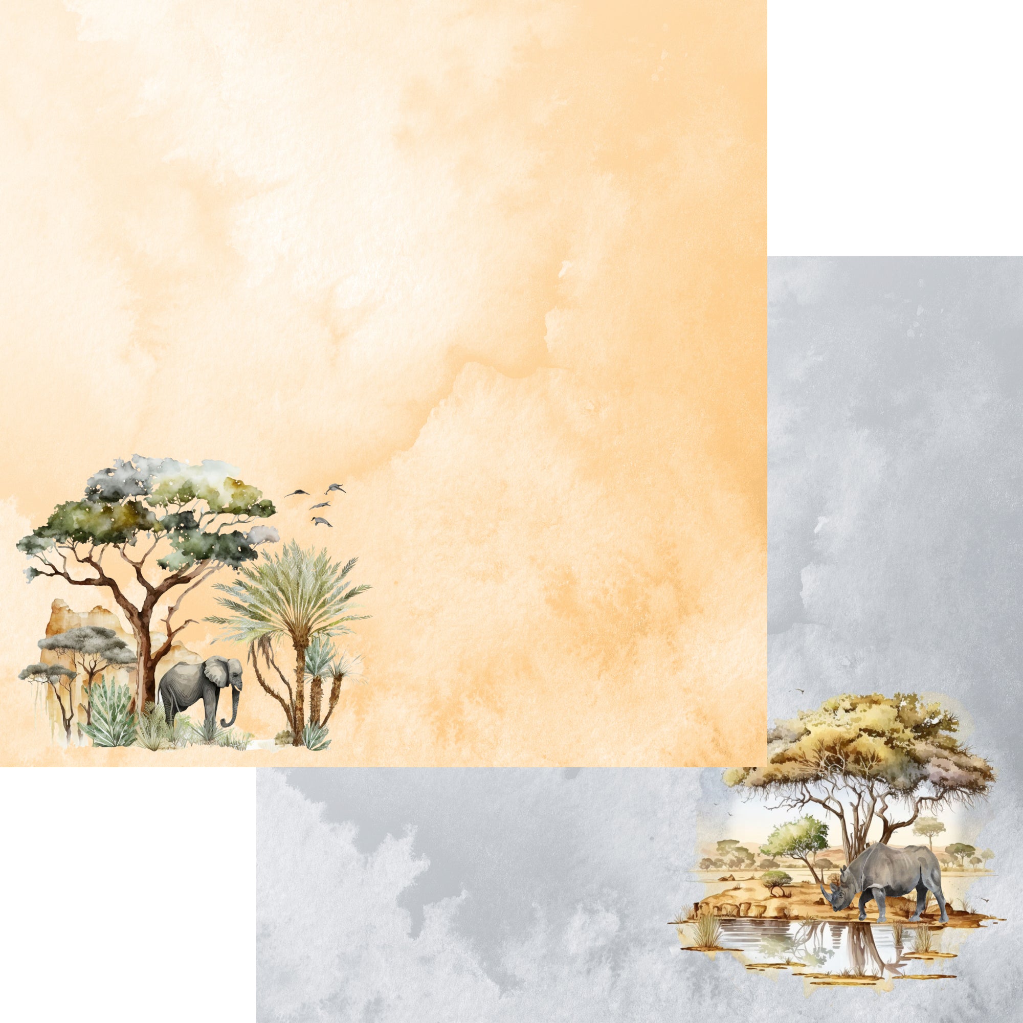 Watercolor Wildlife Collection Elephant & Rhino 12 x 12 Double-Sided Scrapbook Paper by SSC Designs