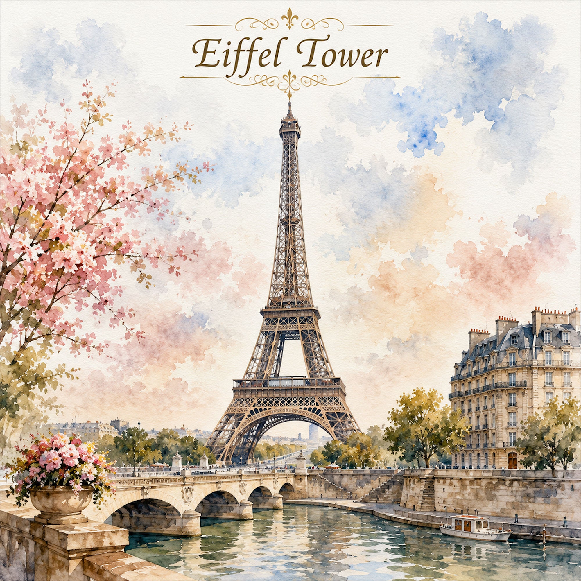 Watercolor France Collection Eiffel Tower 12 x 12 Double-Sided Scrapbook Paper by SSC Designs