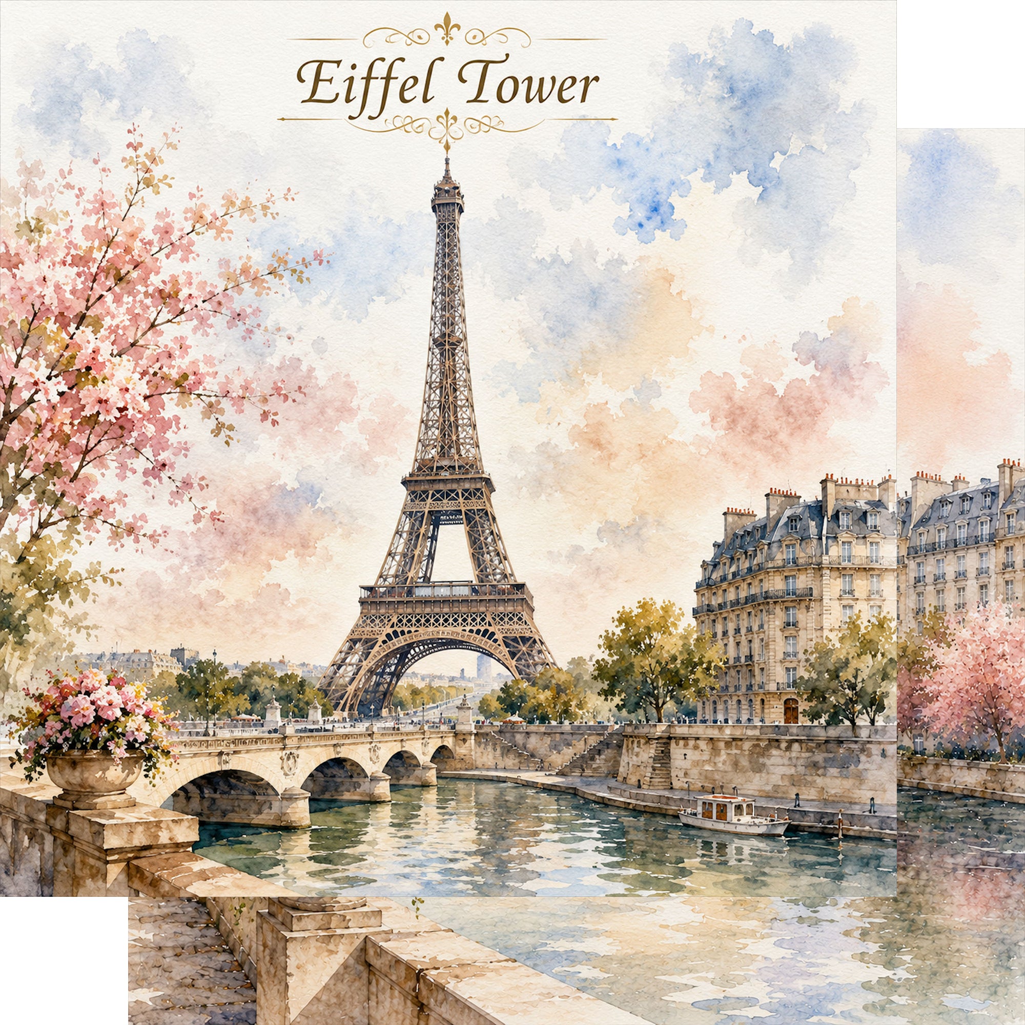 Watercolor France Collection Eiffel Tower 12 x 12 Double-Sided Scrapbook Paper by SSC Designs