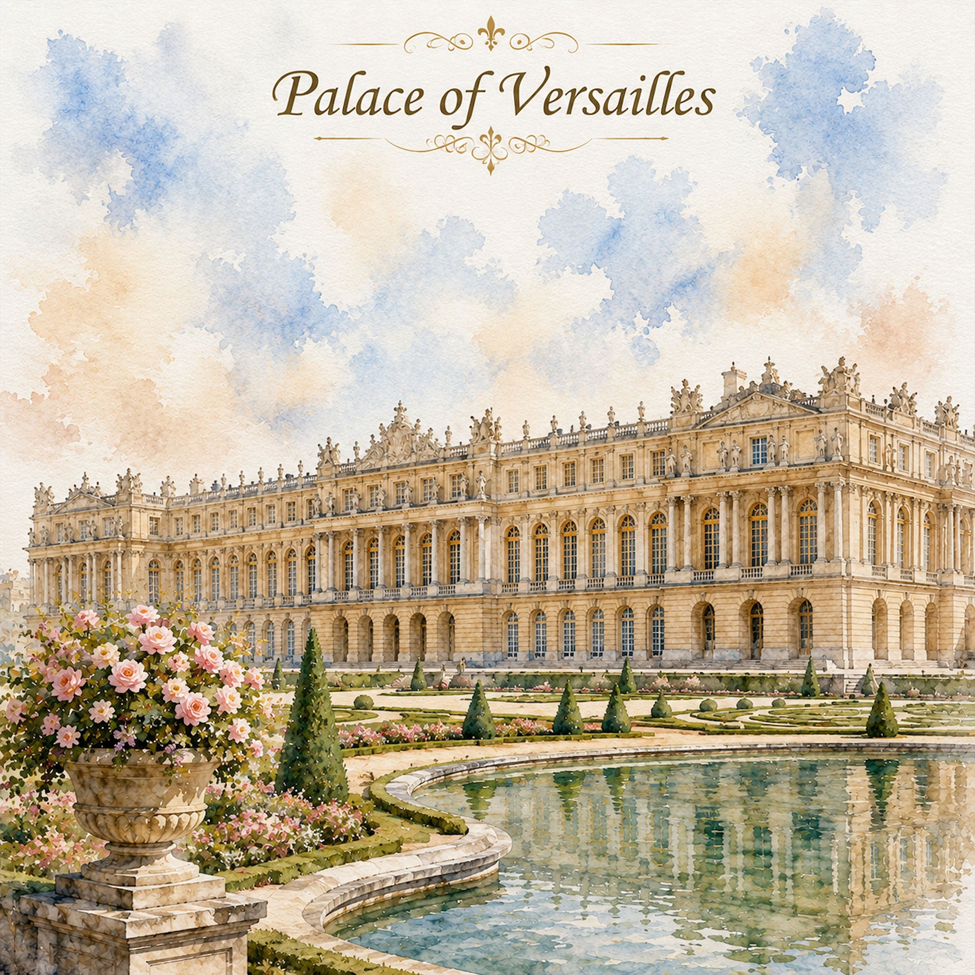 Watercolor France Collection Palace of Versailles 12 x 12 Double-Sided Scrapbook Paper by SSC Designs