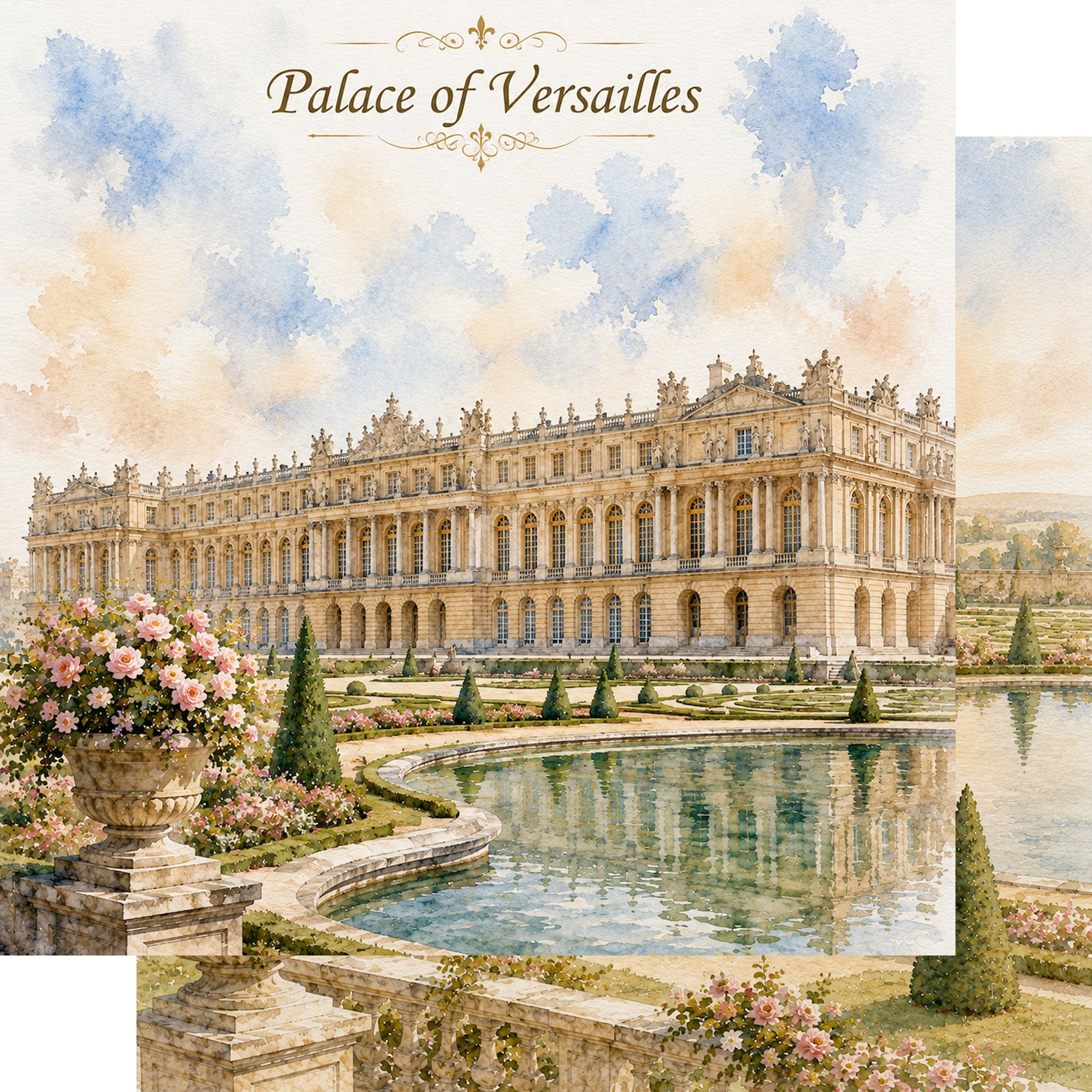 Watercolor France Collection Palace of Versailles 12 x 12 Double-Sided Scrapbook Paper by SSC Designs