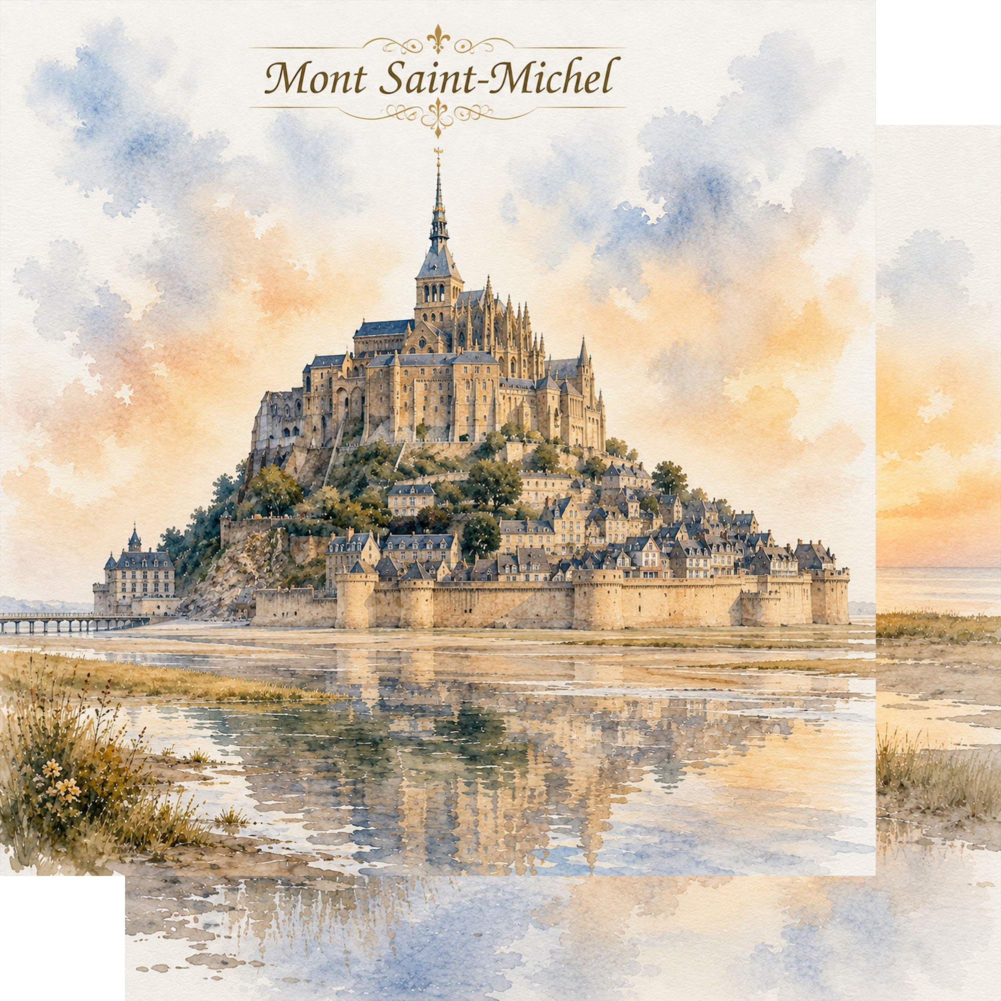 Watercolor France Collection Mont Saint-Michel 12 x 12 Double-Sided Scrapbook Paper by SSC Designs