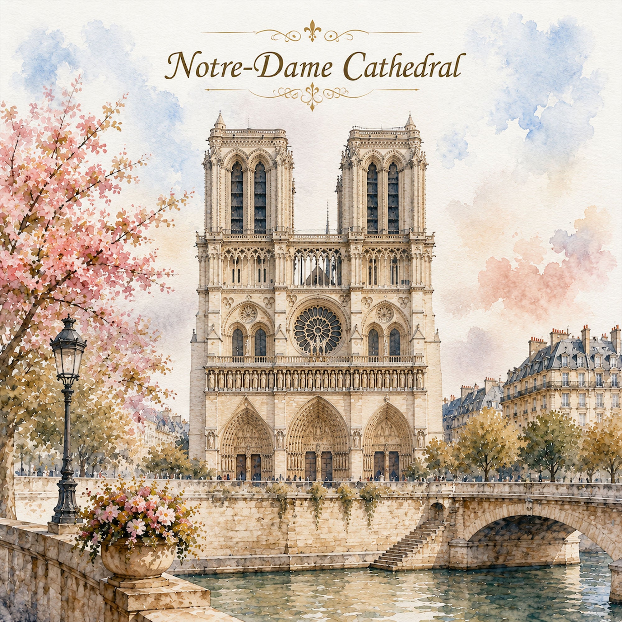 Watercolor France Collection Notre-Dame Cathedral 12 x 12 Double-Sided Scrapbook Paper by SSC Designs