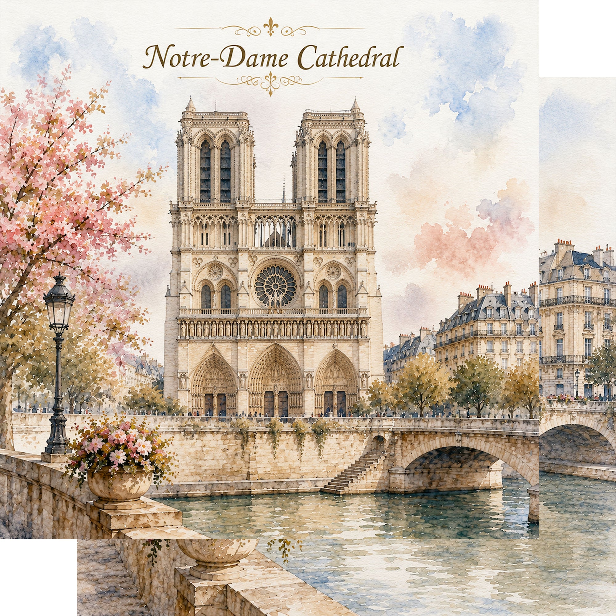 Watercolor France Collection Notre-Dame Cathedral 12 x 12 Double-Sided Scrapbook Paper by SSC Designs