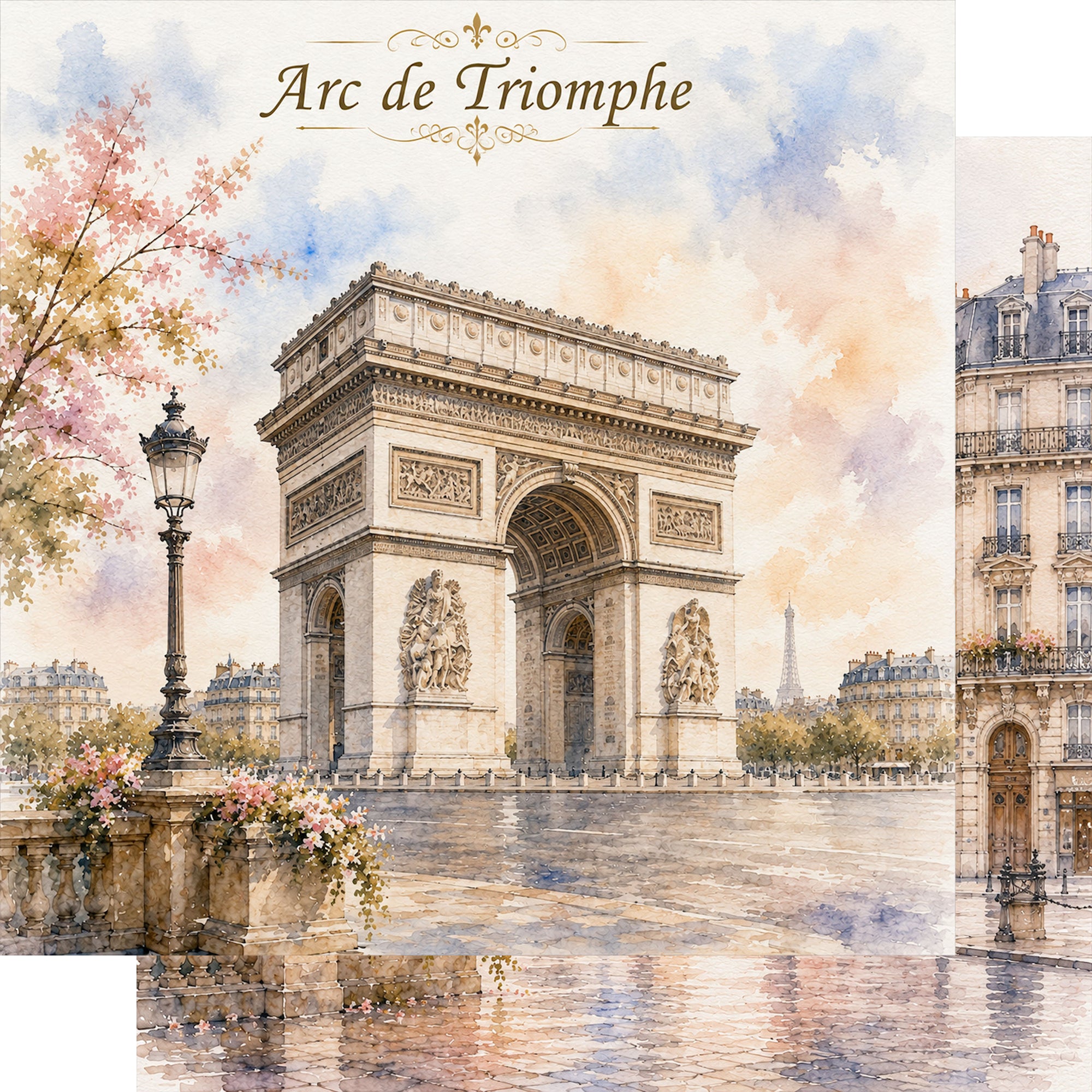 Watercolor France Collection Arc de Triomphe 12 x 12 Double-Sided Scrapbook Paper by SSC Designs