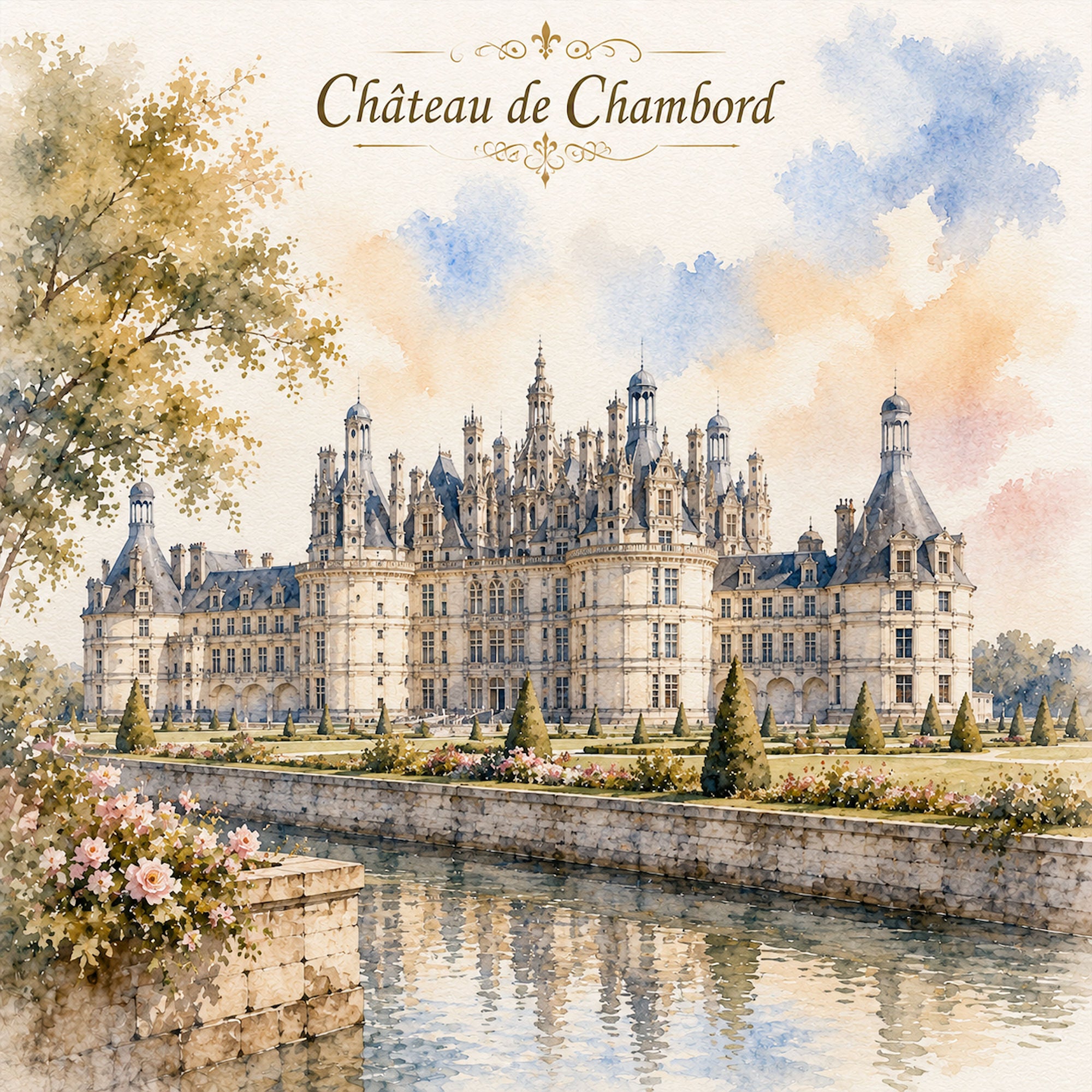 Watercolor France Collection Chateau de Chambord 12 x 12 Double-Sided Scrapbook Paper by SSC Designs