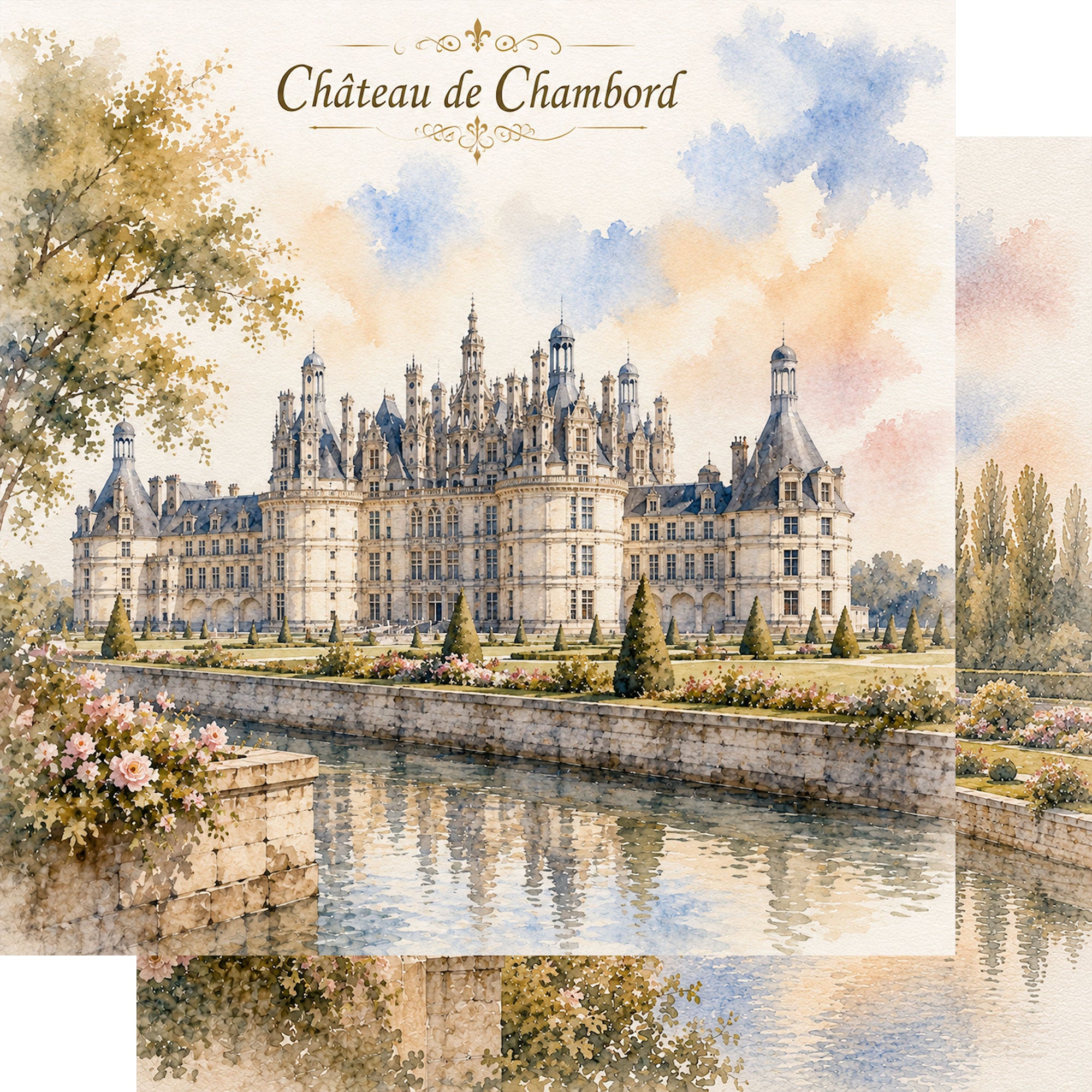 Watercolor France Collection Chateau de Chambord 12 x 12 Double-Sided Scrapbook Paper by SSC Designs
