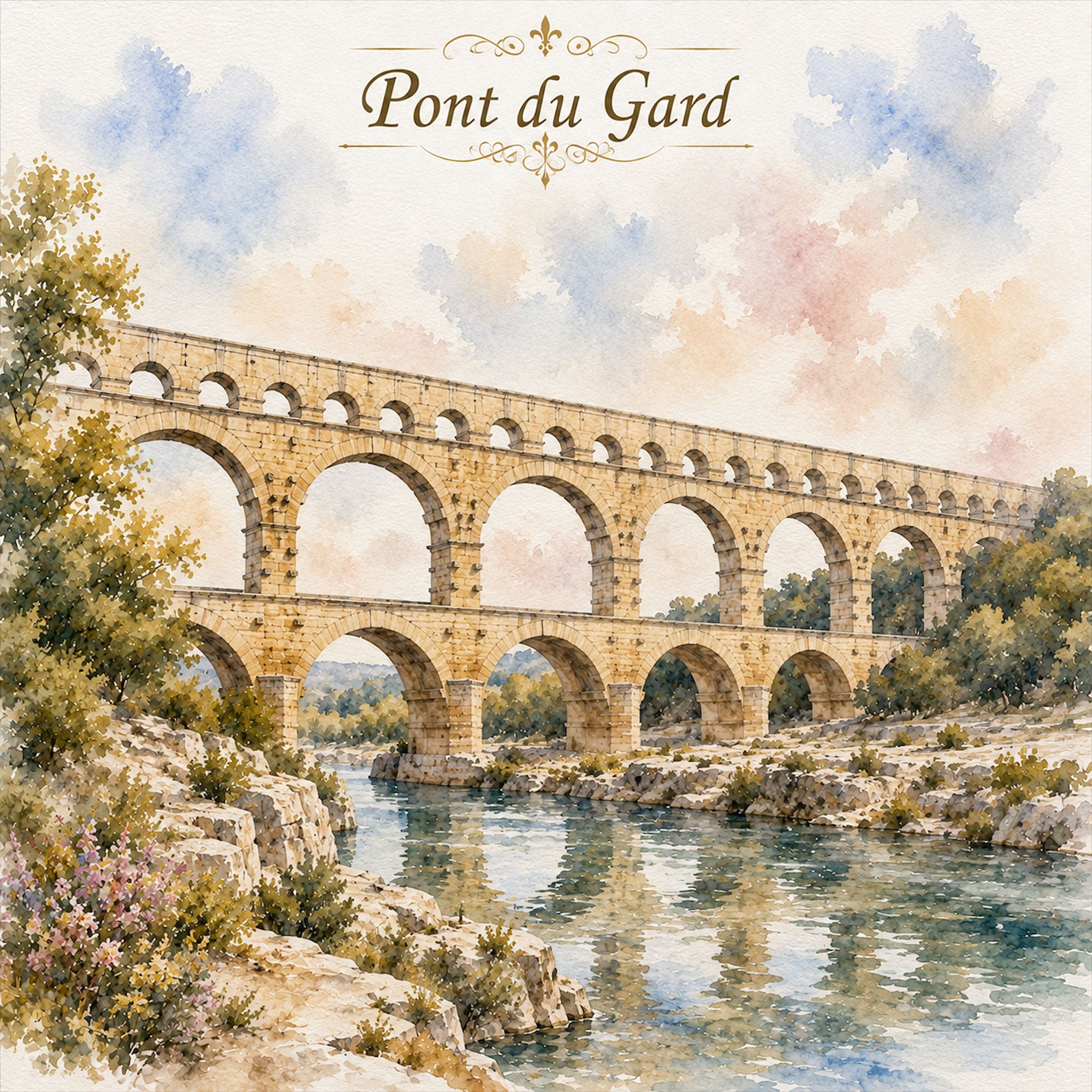 Watercolor France Collection Pont du Gard 12 x 12 Double-Sided Scrapbook Paper by SSC Designs