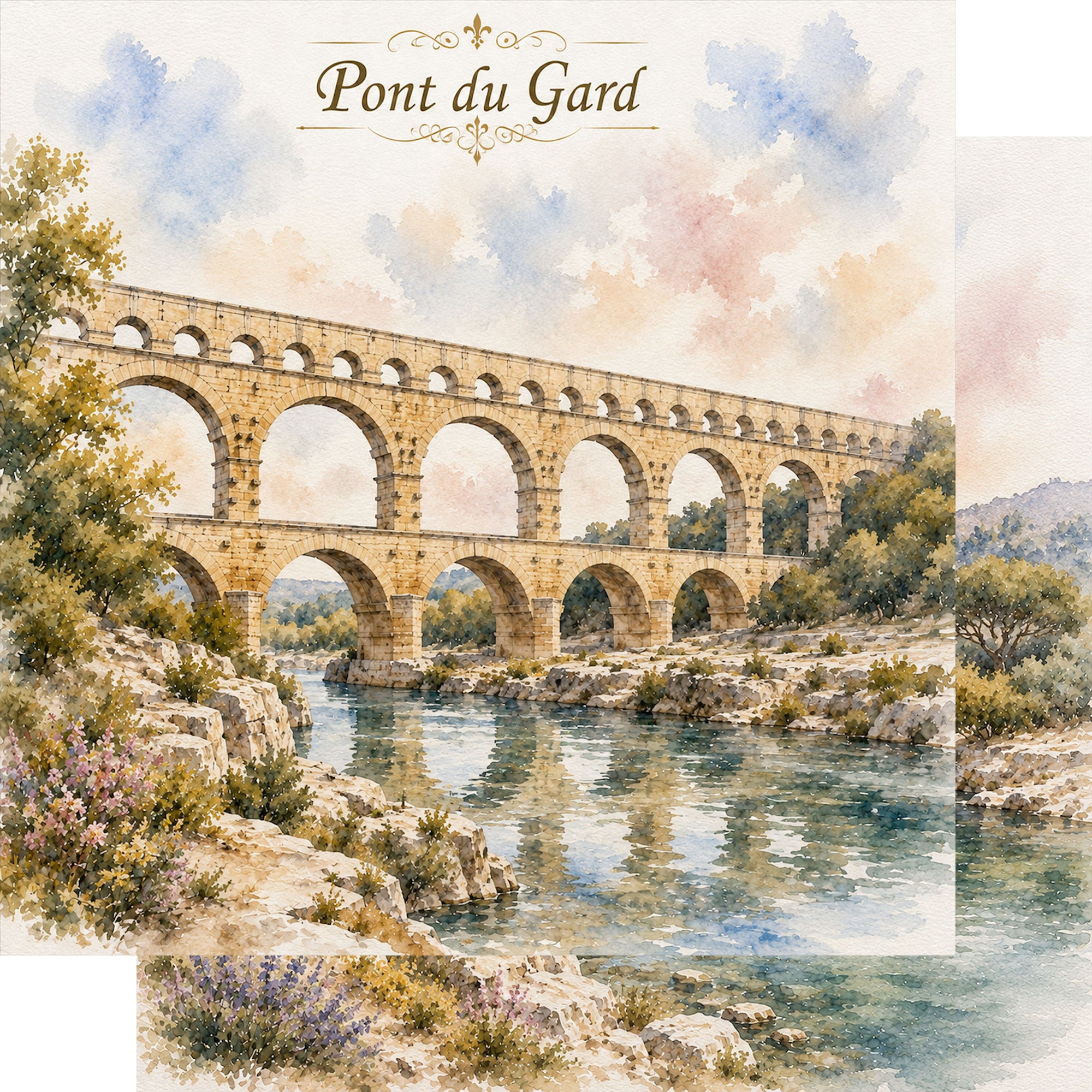 Watercolor France Collection Pont du Gard 12 x 12 Double-Sided Scrapbook Paper by SSC Designs