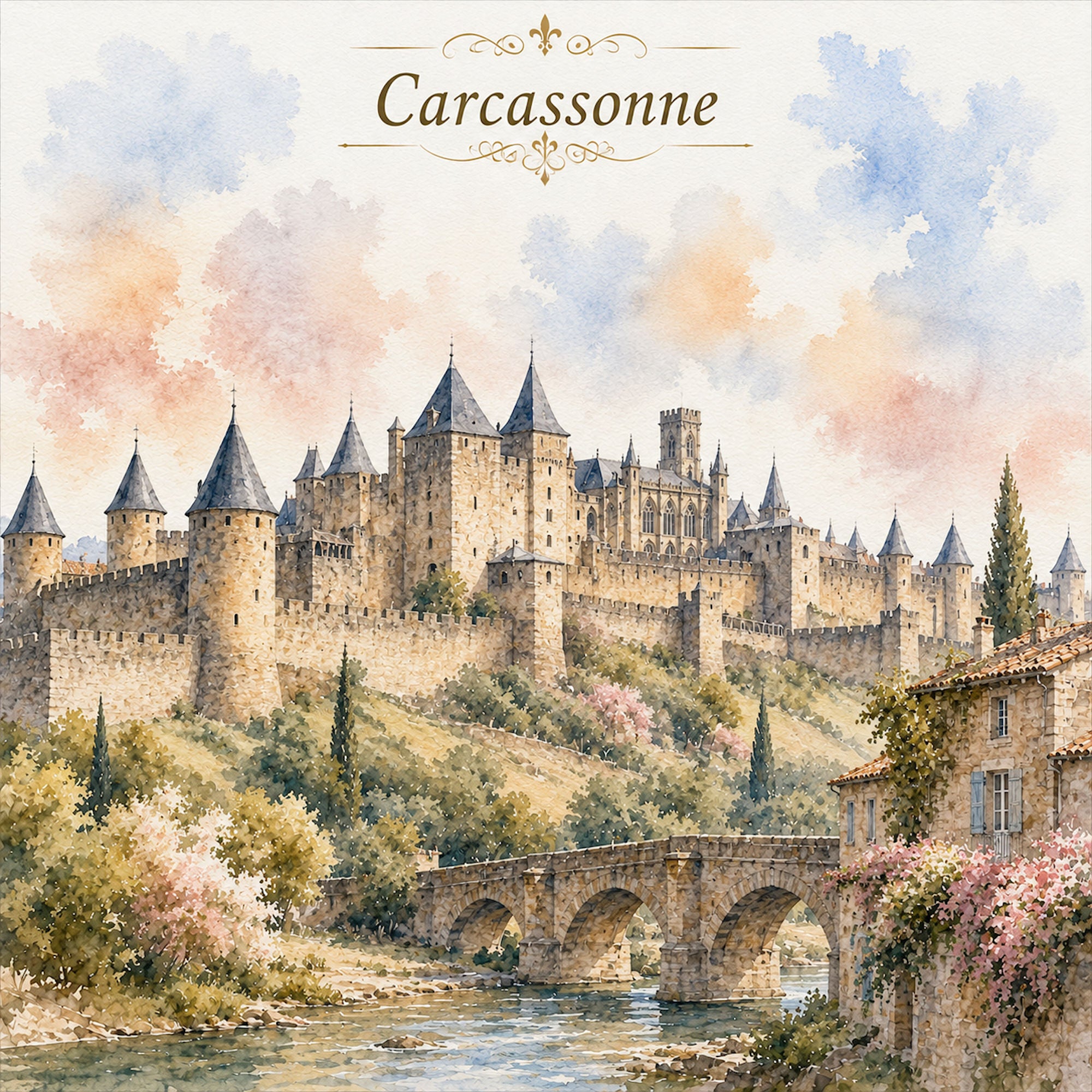 Watercolor France Collection Carcassonne 12 x 12 Double-Sided Scrapbook Paper by SSC Designs