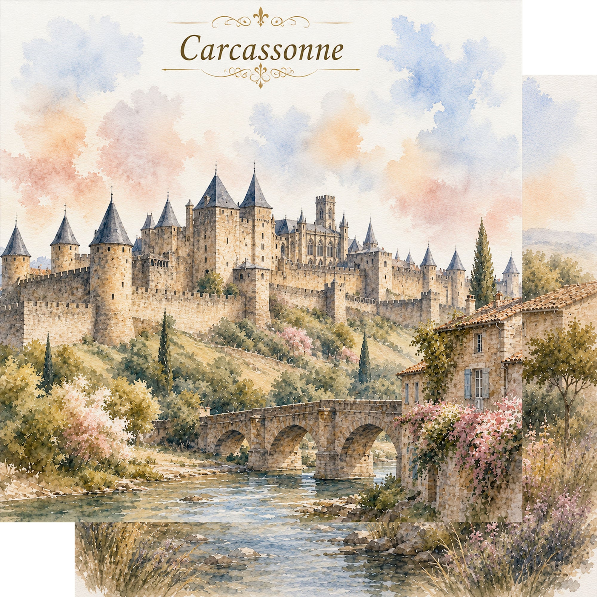 Watercolor France Collection Carcassonne 12 x 12 Double-Sided Scrapbook Paper by SSC Designs