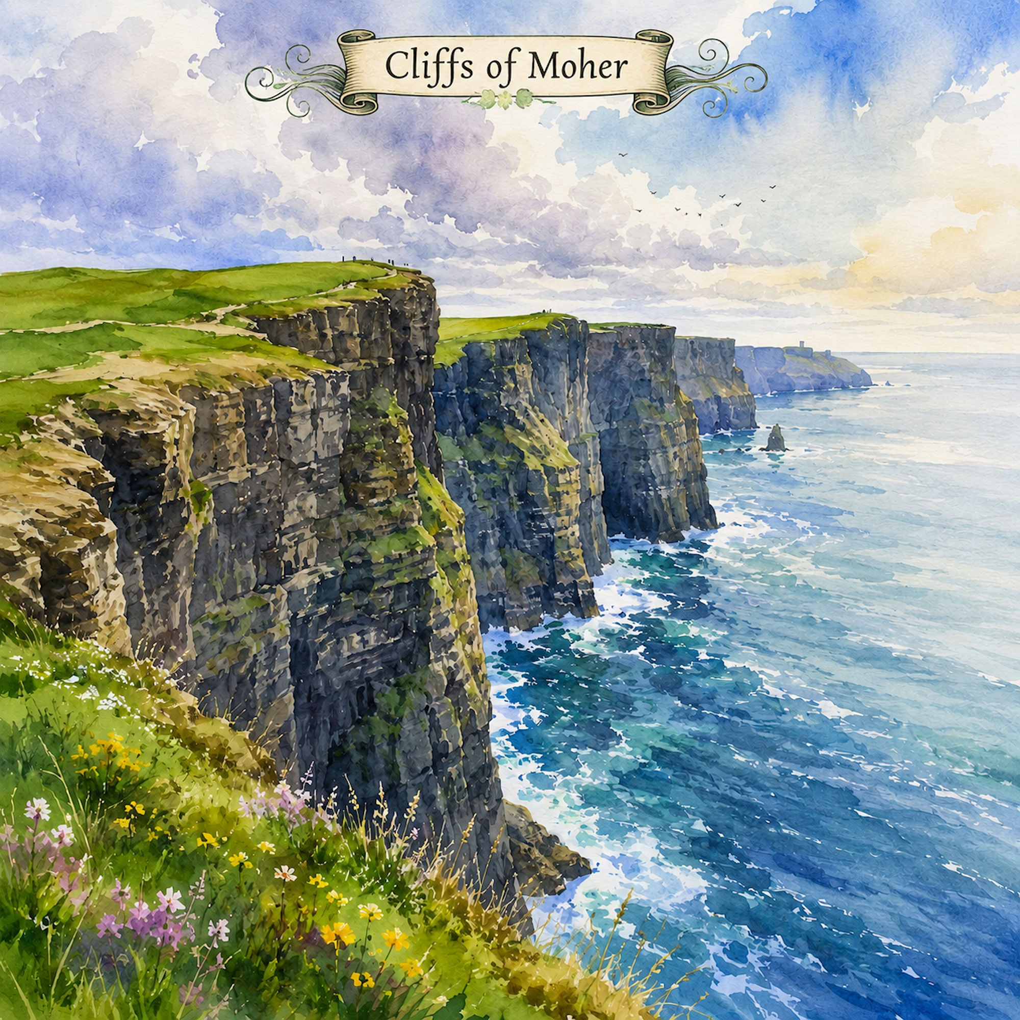 Watercolor Ireland Collection Cliffs of Moher 12 x 12 Double-Sided Scrapbook Paper by SSC Designs