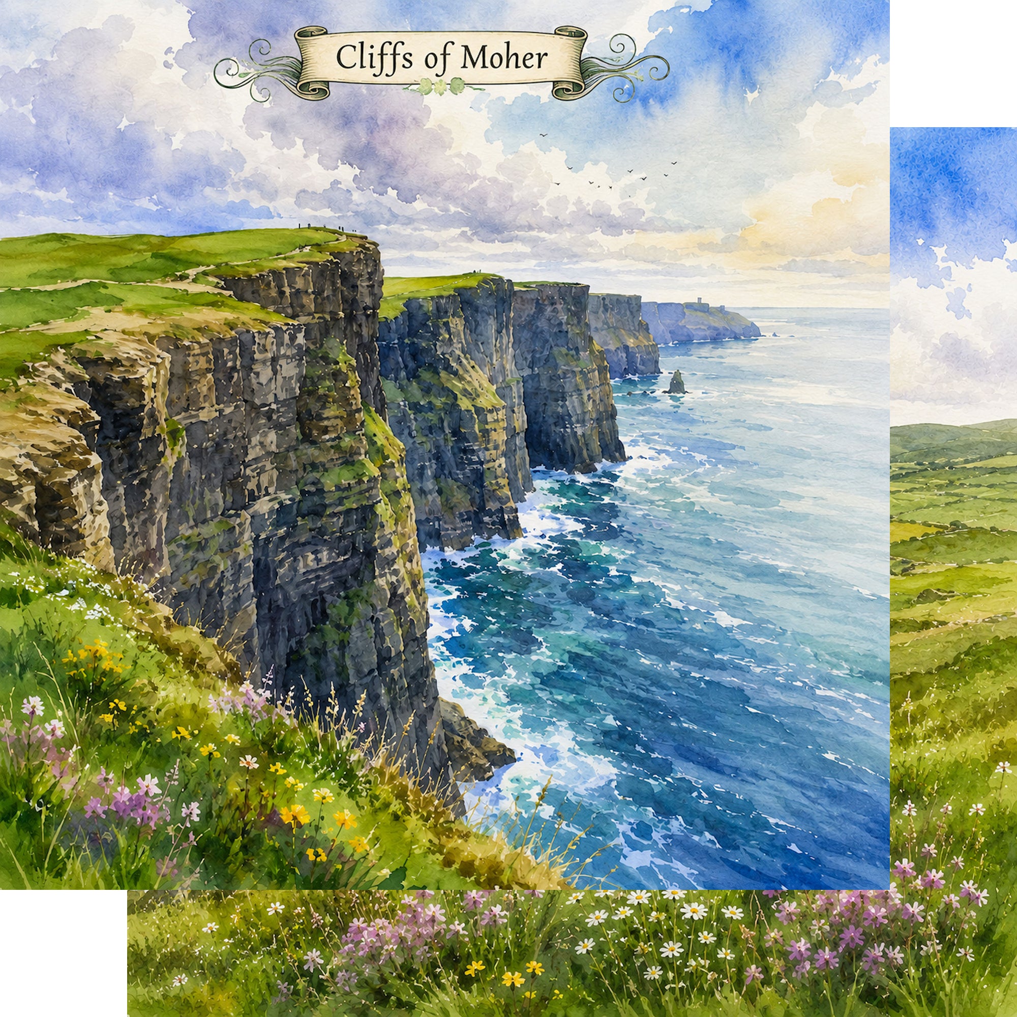 Watercolor Ireland Collection Cliffs of Moher 12 x 12 Double-Sided Scrapbook Paper by SSC Designs