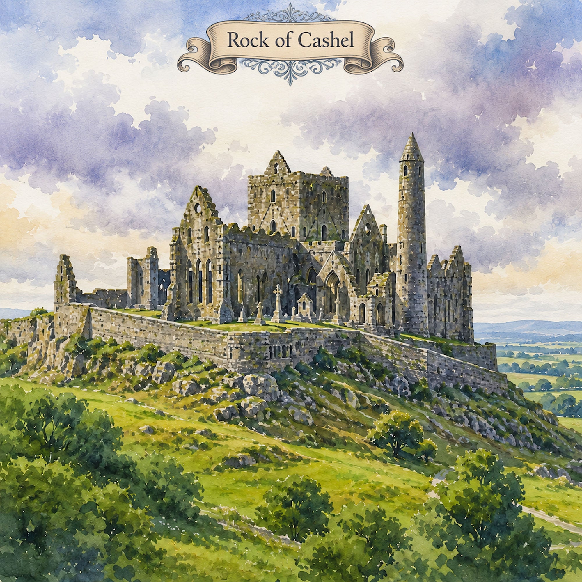 Watercolor Ireland Collection Rock of Cashel 12 x 12 Double-Sided Scrapbook Paper by SSC Designs