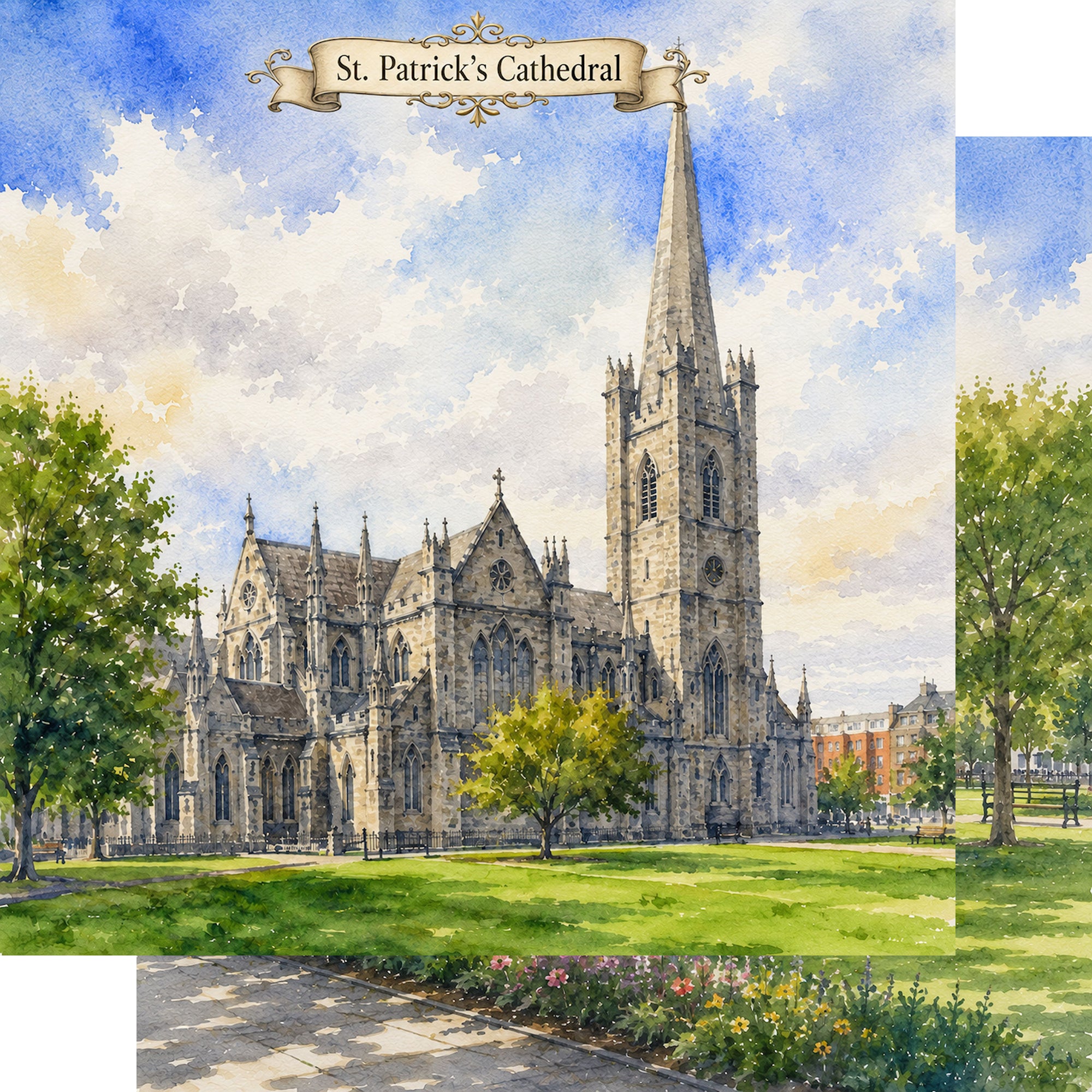Watercolor Ireland Collection St. Patrick's Cathedral 12 x 12 Double-Sided Scrapbook Paper by SSC Designs