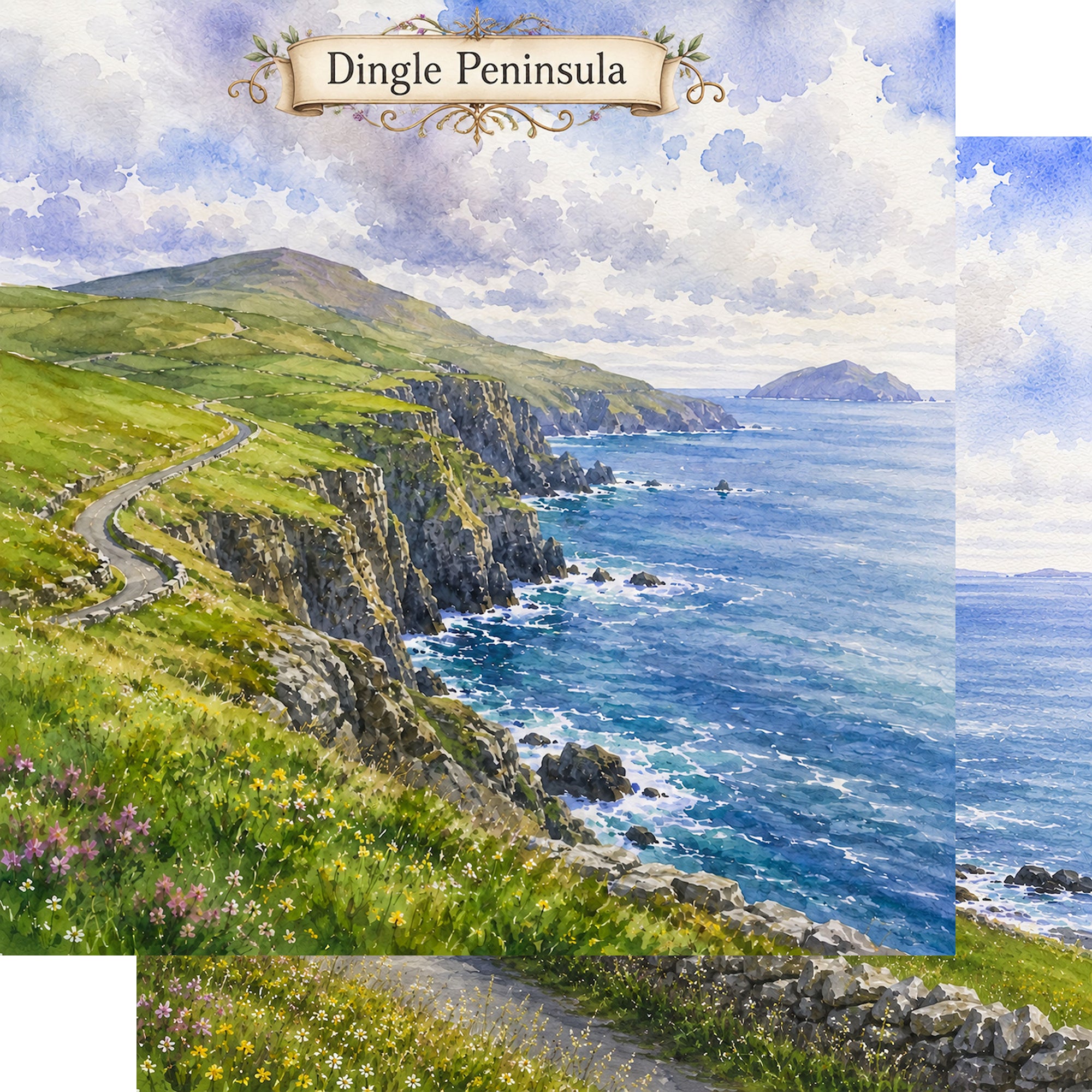 Watercolor Ireland Collection Dingle Peninsula 12 x 12 Double-Sided Scrapbook Paper by SSC Designs