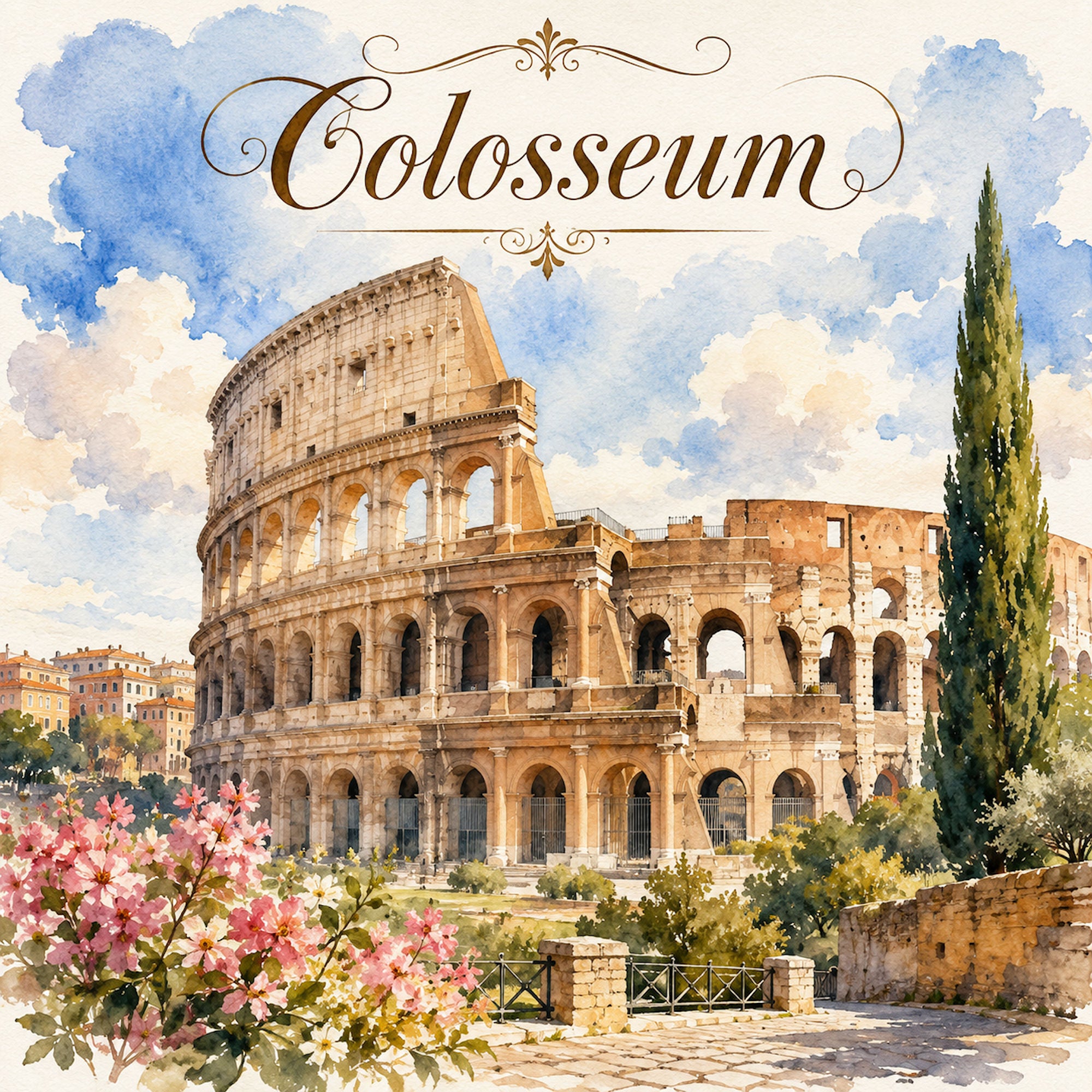 Watercolor Italy Collection Colosseum 12 x 12 Double-Sided Scrapbook Paper by SSC Designs