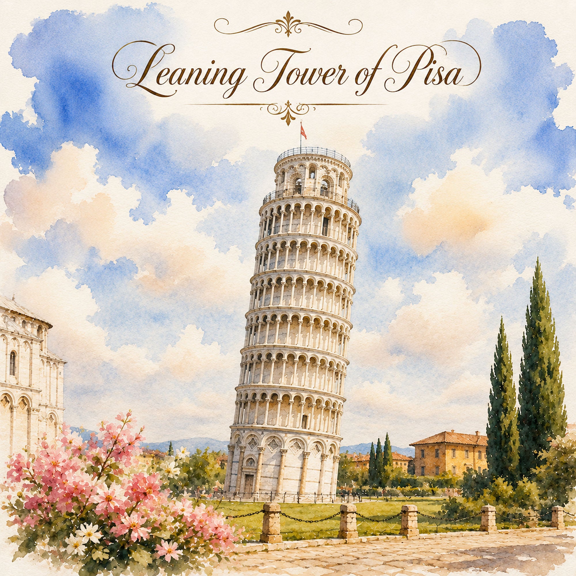 Watercolor Italy Collection Leaning Tower of Pisa 12 x 12 Double-Sided Scrapbook Paper by SSC Designs