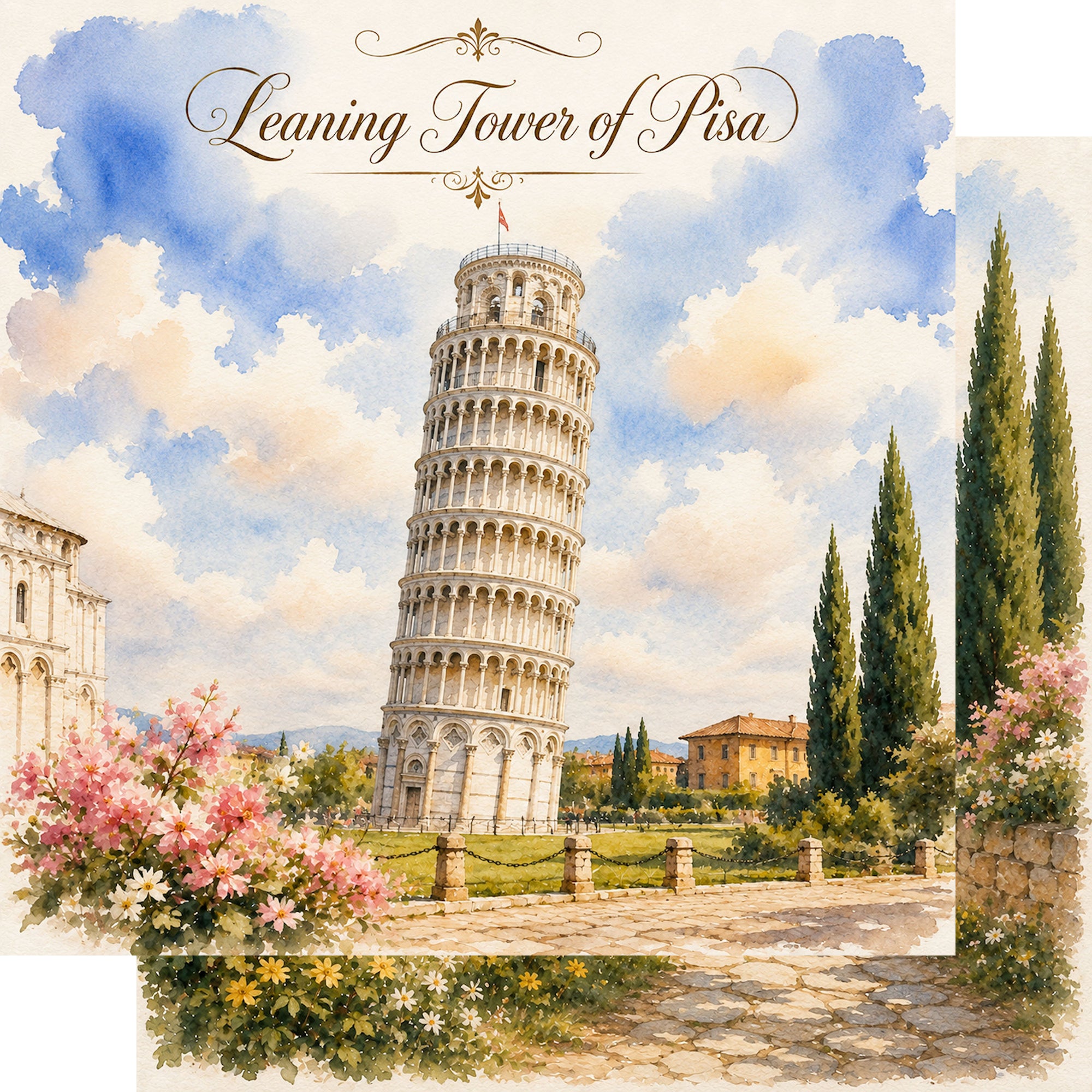Watercolor Italy Collection Leaning Tower of Pisa 12 x 12 Double-Sided Scrapbook Paper by SSC Designs