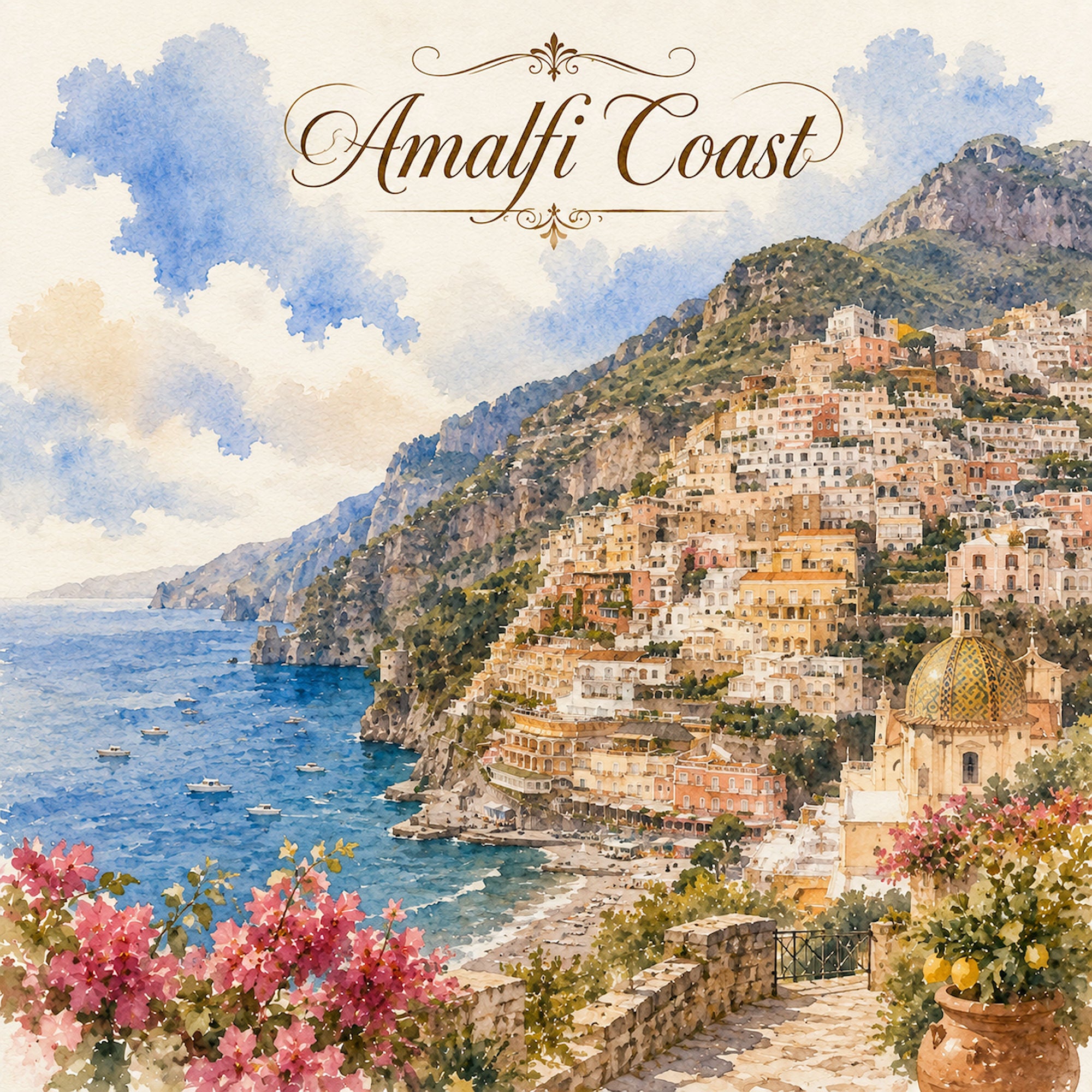 Watercolor Italy Collection Amalfi Coast 12 x 12 Double-Sided Scrapbook Paper by SSC Designs