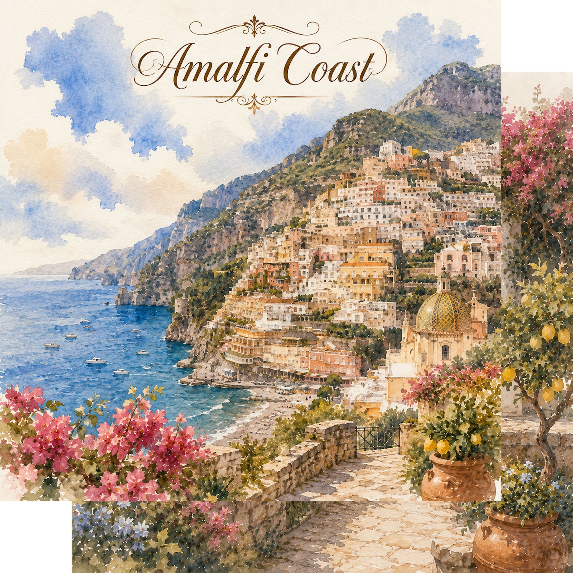 Watercolor Italy Collection Amalfi Coast 12 x 12 Double-Sided Scrapbook Paper by SSC Designs