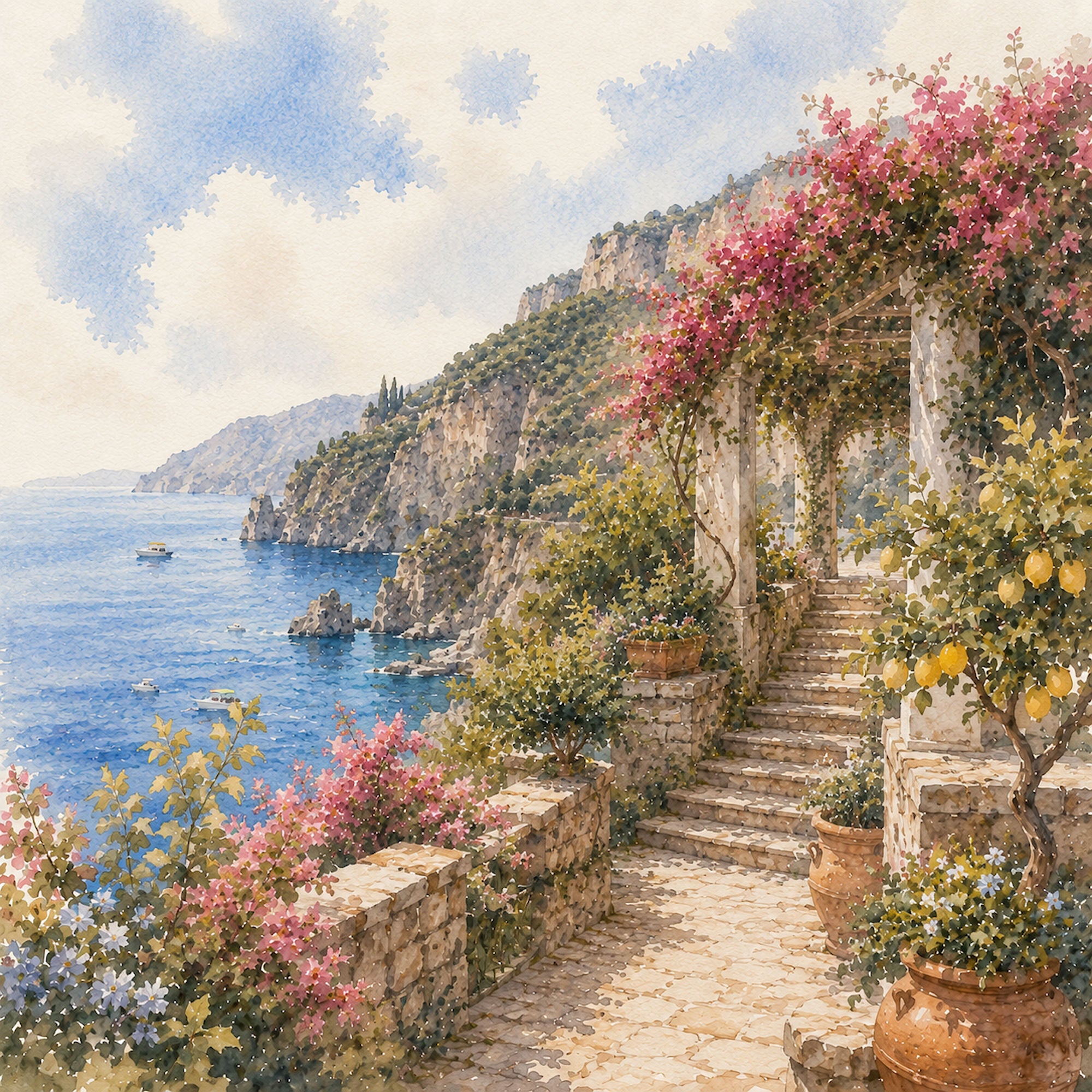 Watercolor Italy Collection Amalfi Coast 12 x 12 Double-Sided Scrapbook Paper by SSC Designs