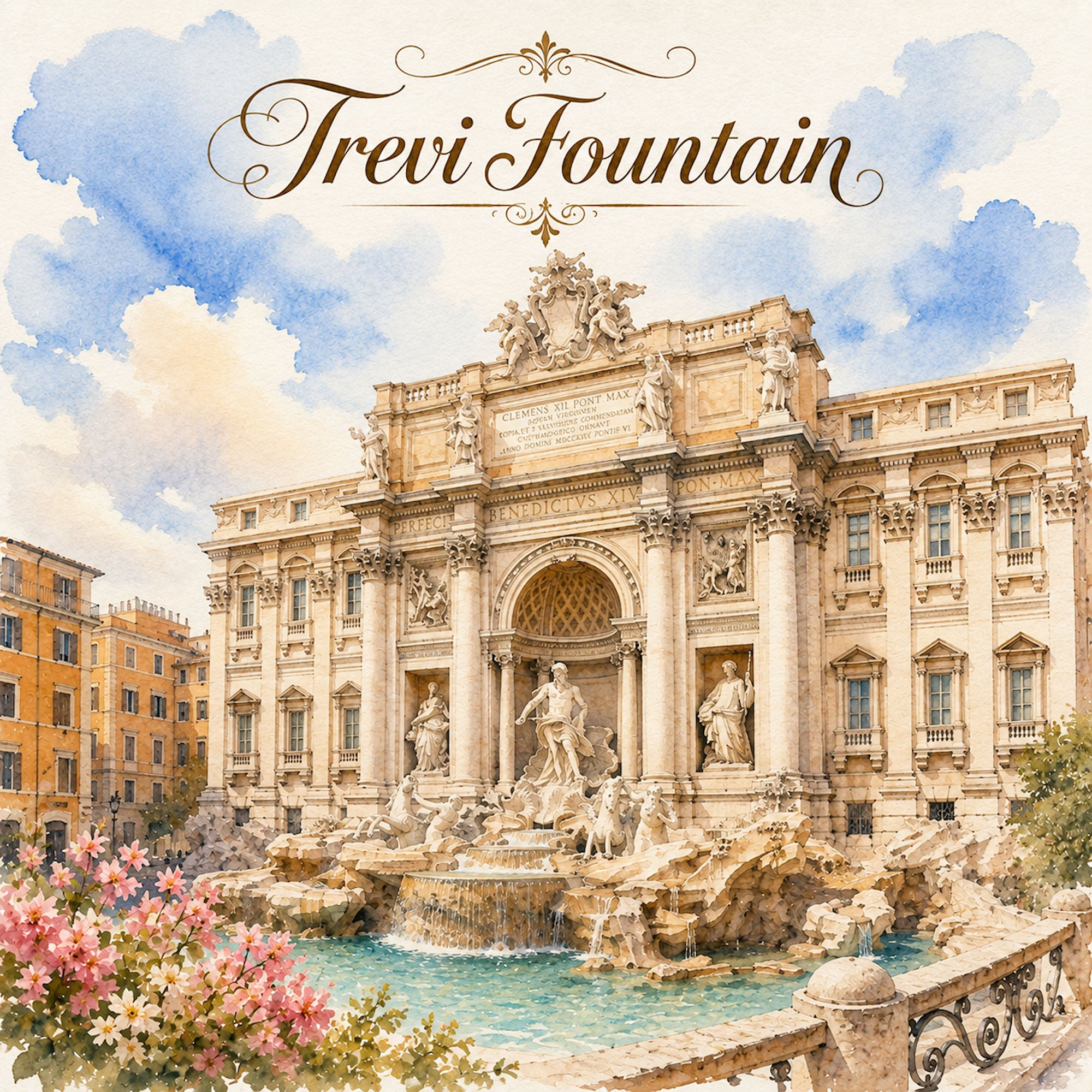 Watercolor Italy Collection Trevi Fountain 12 x 12 Double-Sided Scrapbook Paper by SSC Designs