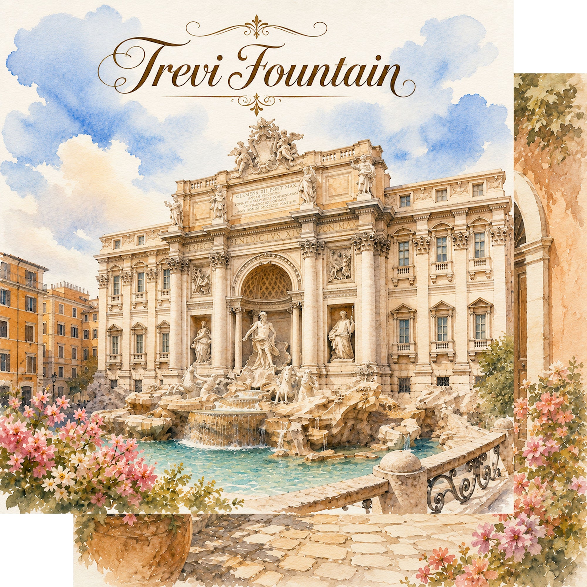 Watercolor Italy Collection Trevi Fountain 12 x 12 Double-Sided Scrapbook Paper by SSC Designs
