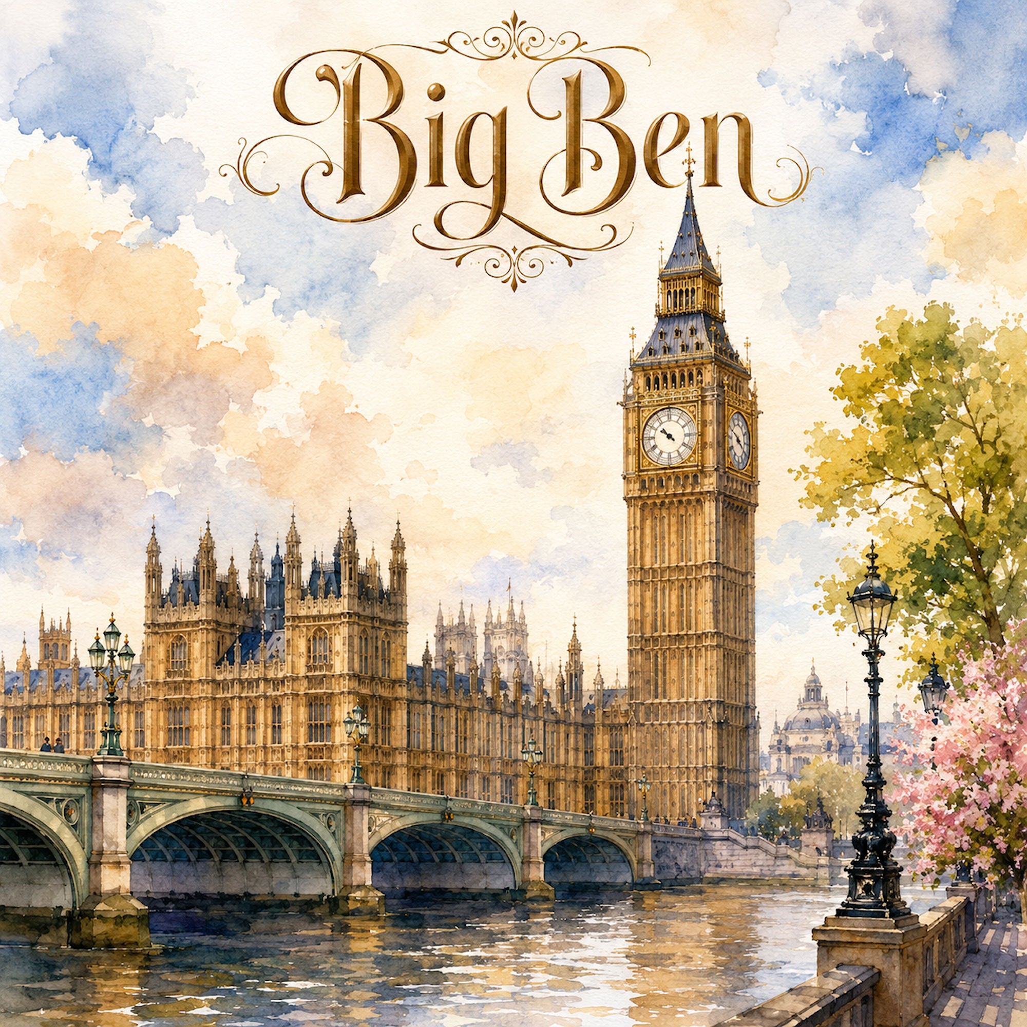 Watercolor London Collection Big Ben 12 x 12 Double-Sided Scrapbook Paper by SSC Designs