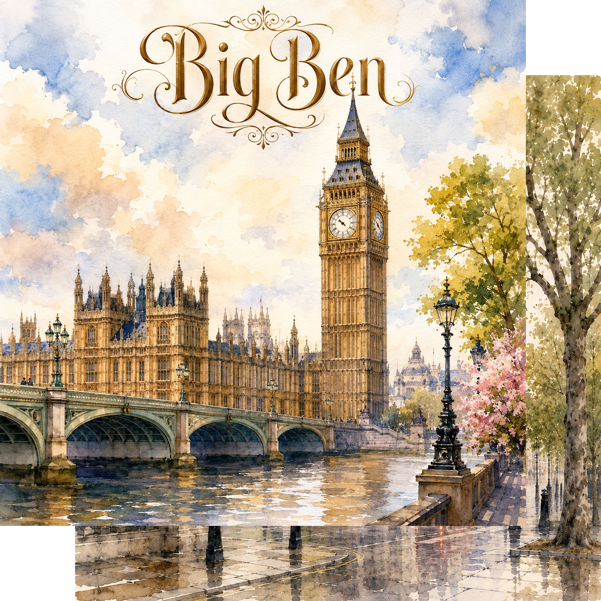 Watercolor London Collection Big Ben 12 x 12 Double-Sided Scrapbook Paper by SSC Designs
