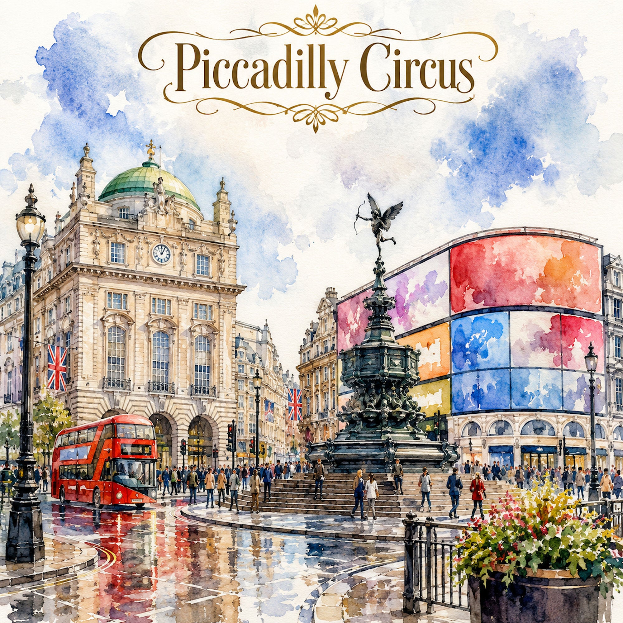 Watercolor London Collection Piccadilly Circus 12 x 12 Double-Sided Scrapbook Paper by SSC Designs