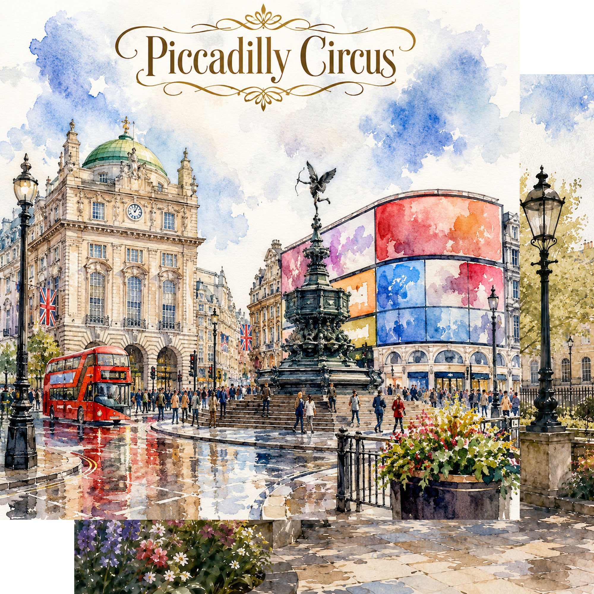 Watercolor London Collection Piccadilly Circus 12 x 12 Double-Sided Scrapbook Paper by SSC Designs