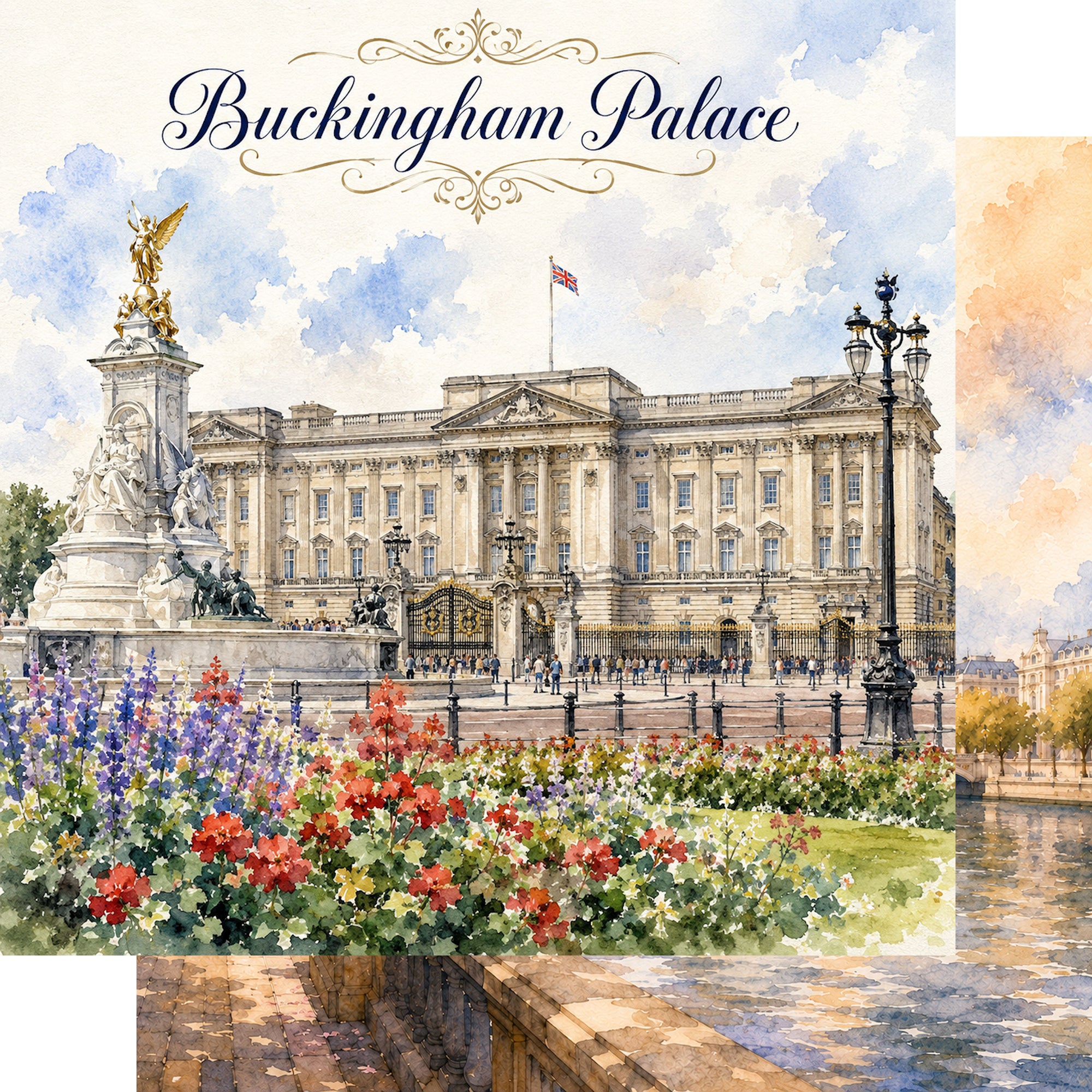 Watercolor London Collection Buckingham Palace 12 x 12 Double-Sided Scrapbook Paper by SSC Designs