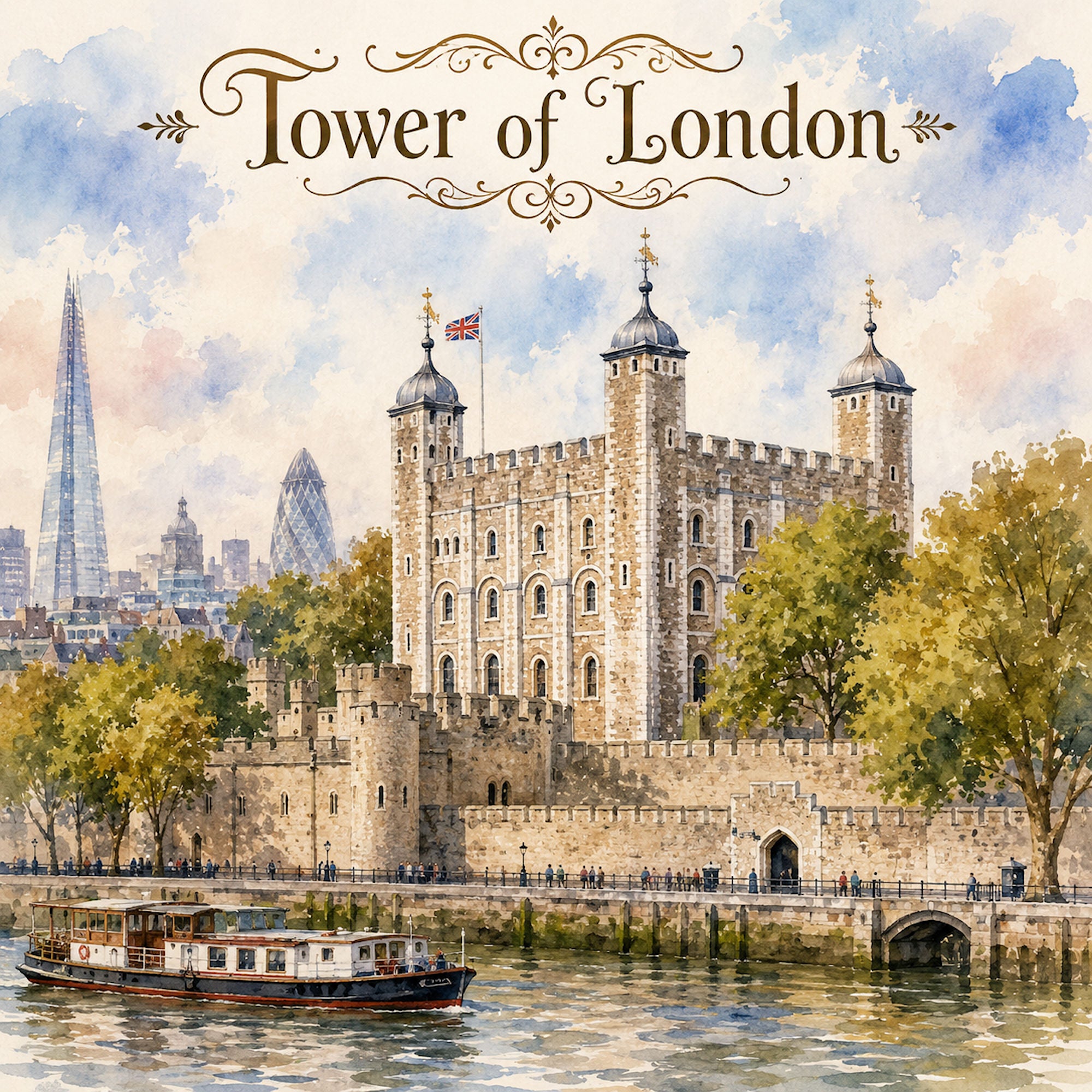 Watercolor London Collection Tower of London 12 x 12 Double-Sided Scrapbook Paper by SSC Designs