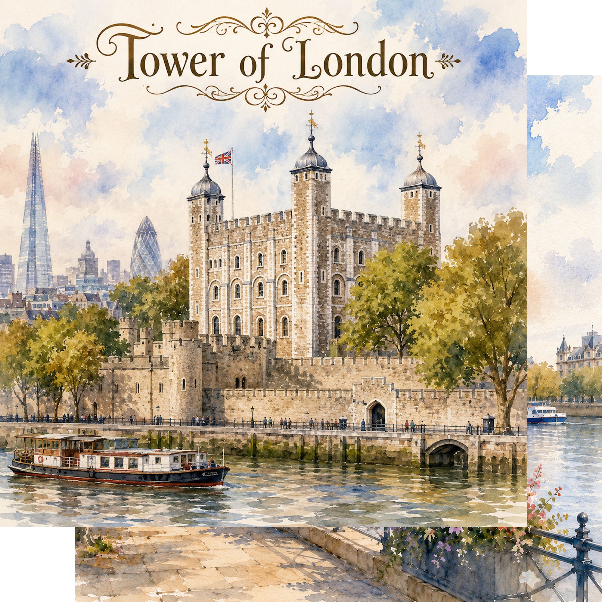 Watercolor London Collection Tower of London 12 x 12 Double-Sided Scrapbook Paper by SSC Designs